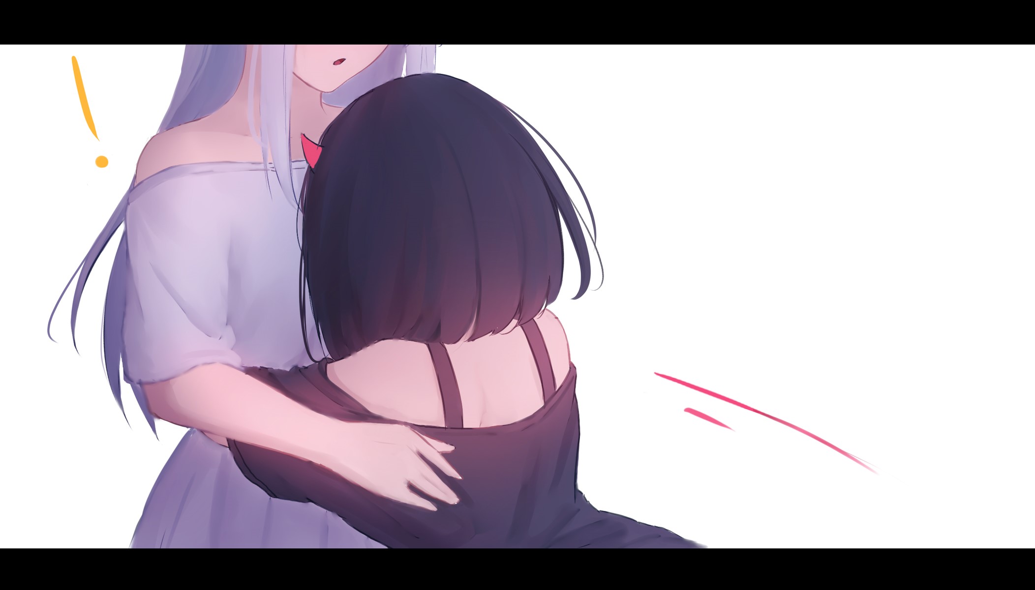 Two anime girls hugging, one with silver hair and horns HD Wallpaper