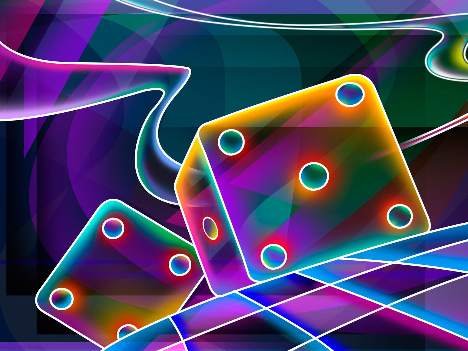 Colorful dice with neon outlines on abstract background HD Wallpaper