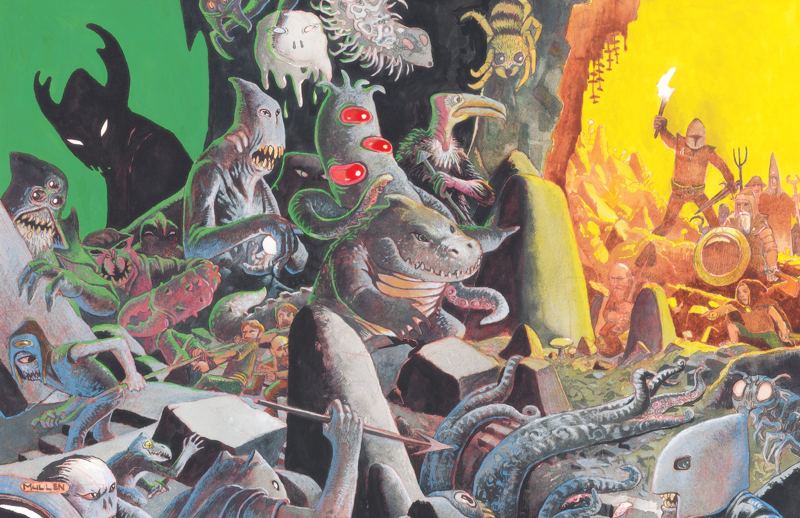 Fictional creatures and adventurers in a fantasy setting HD Wallpaper