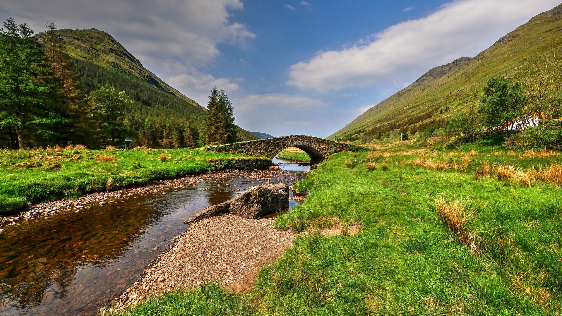 Butter Bridge over a river in Scotland with mountains and trees HD Wallpaper