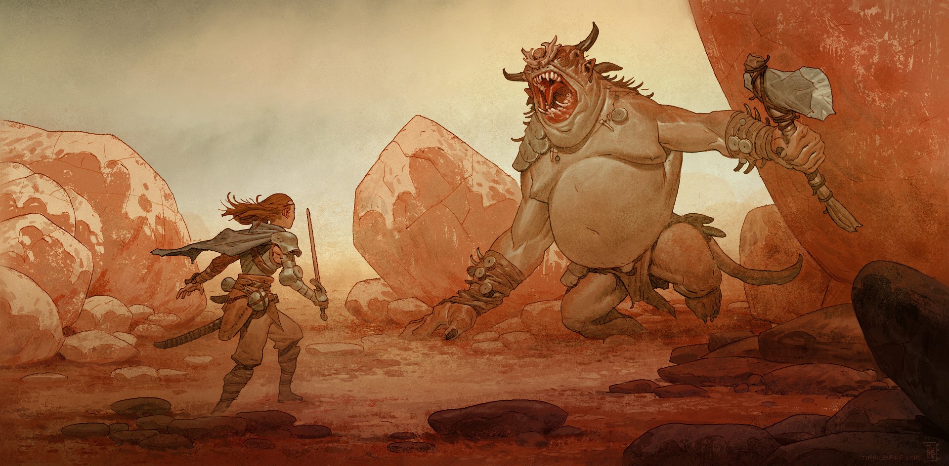 Fantasy girl fighting a large monster in a rocky landscape HD Wallpaper