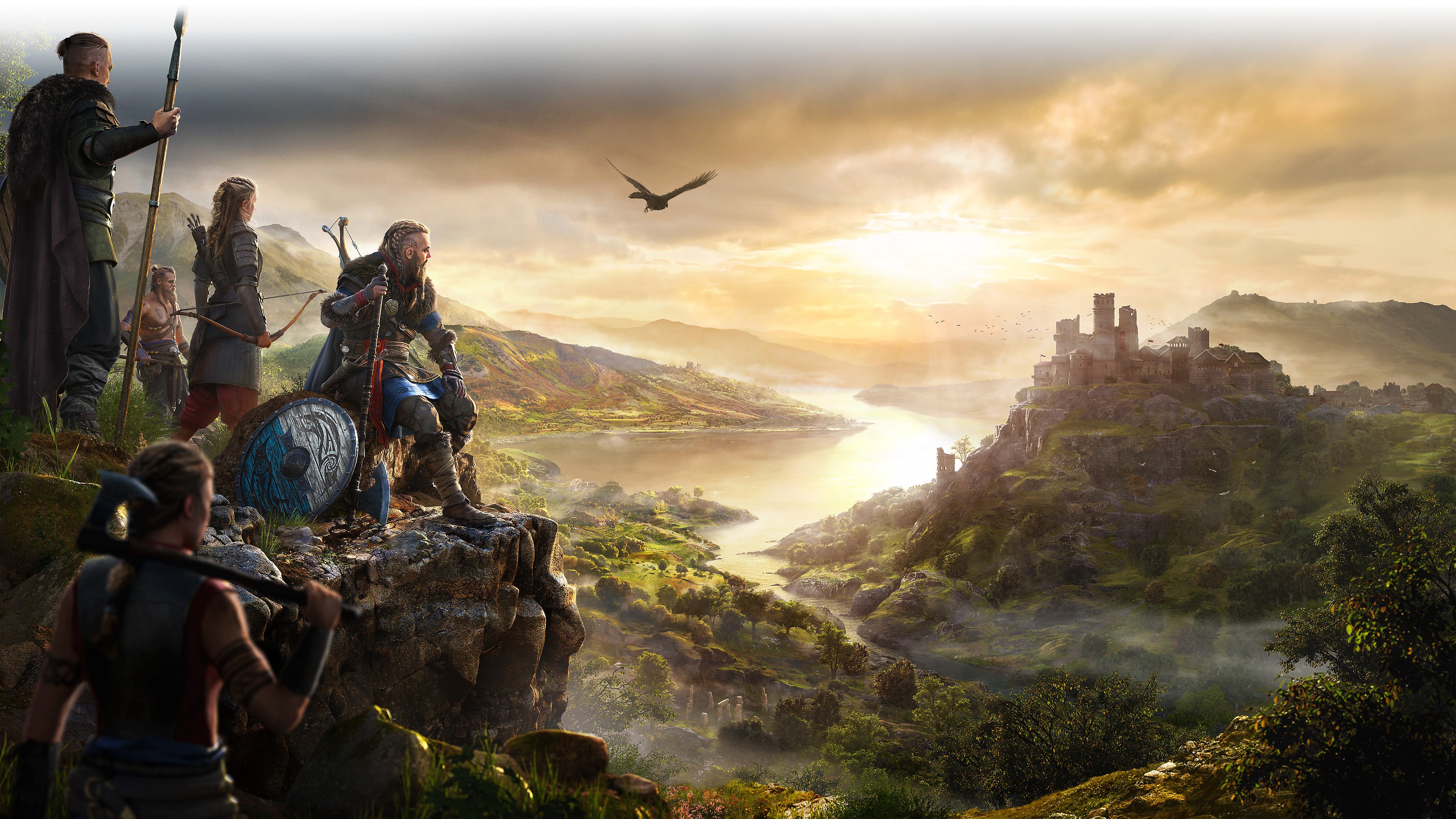 Vikings with weapons overlooking a castle and lake HD Wallpaper