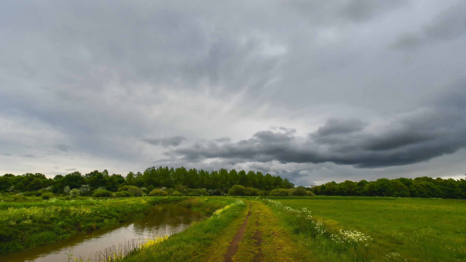 A cloudy sky over a river and green fields HD Wallpaper