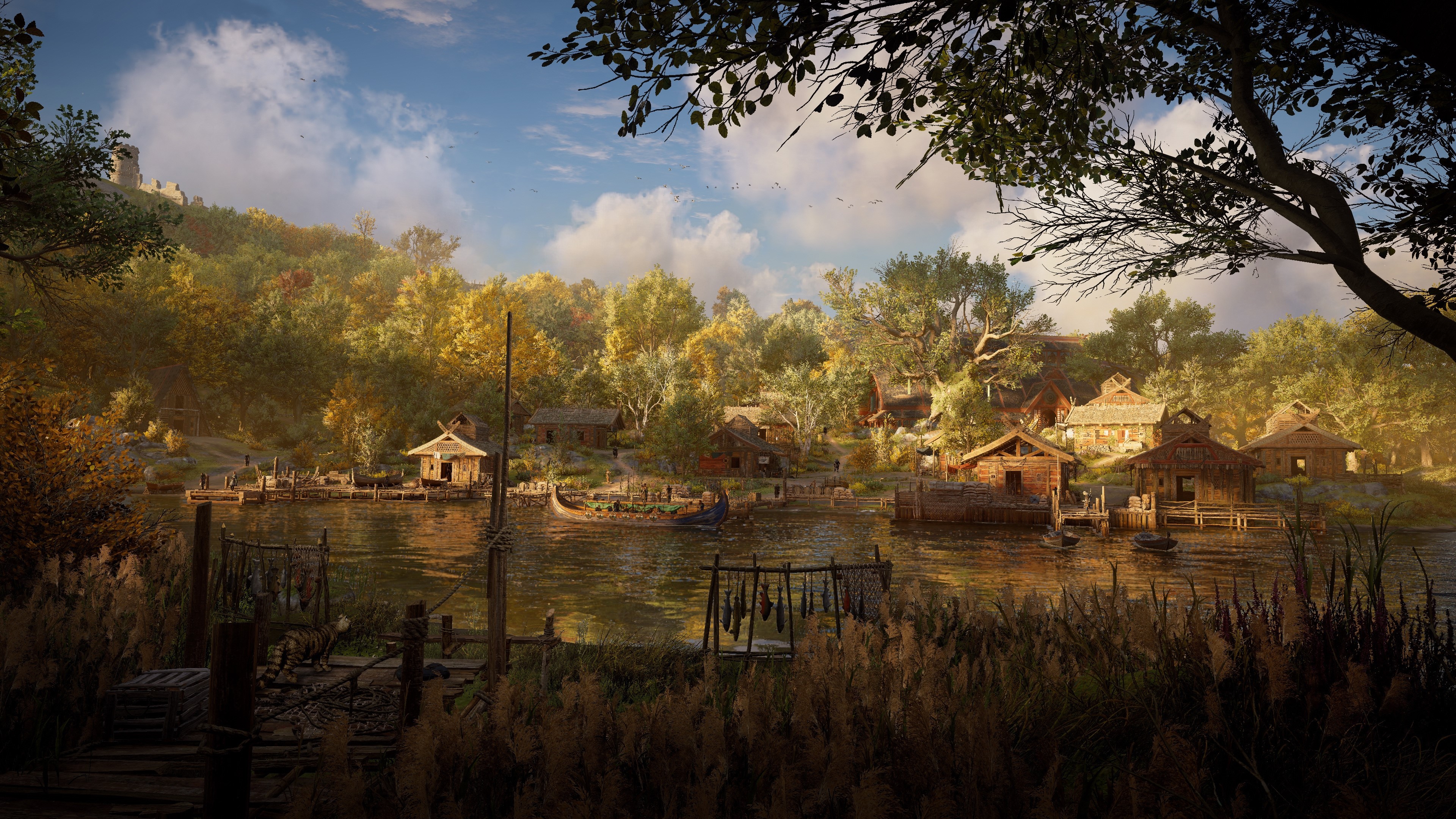 Assassin's Creed Valhalla village on a river HD Wallpaper