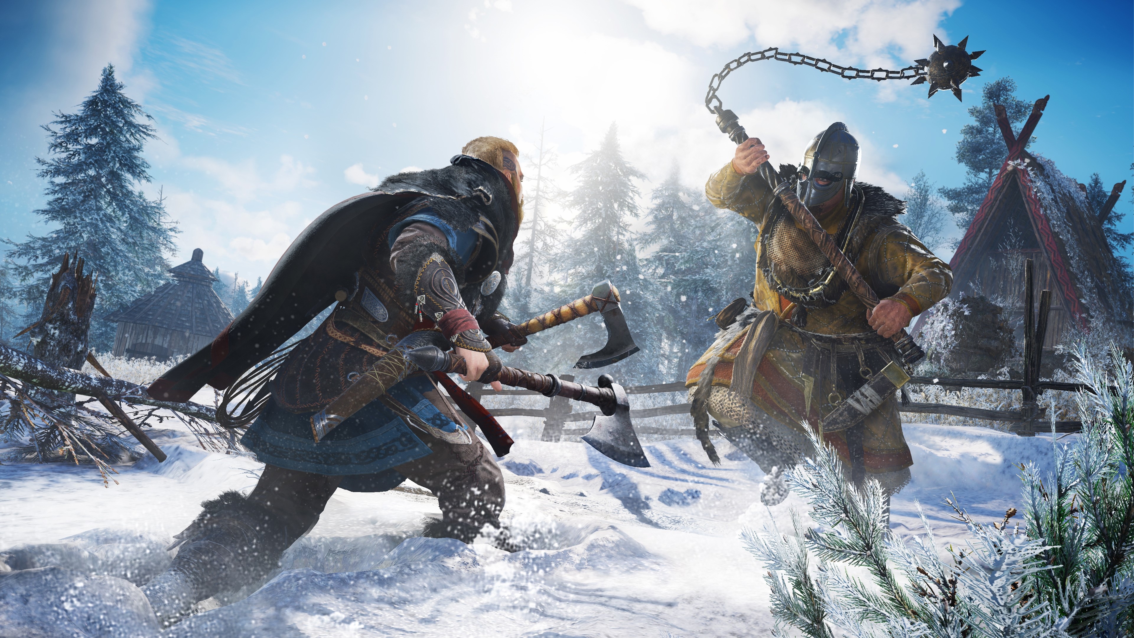 Assassins Creed Valhalla: Two Vikings fighting with axes in snow HD Wallpaper