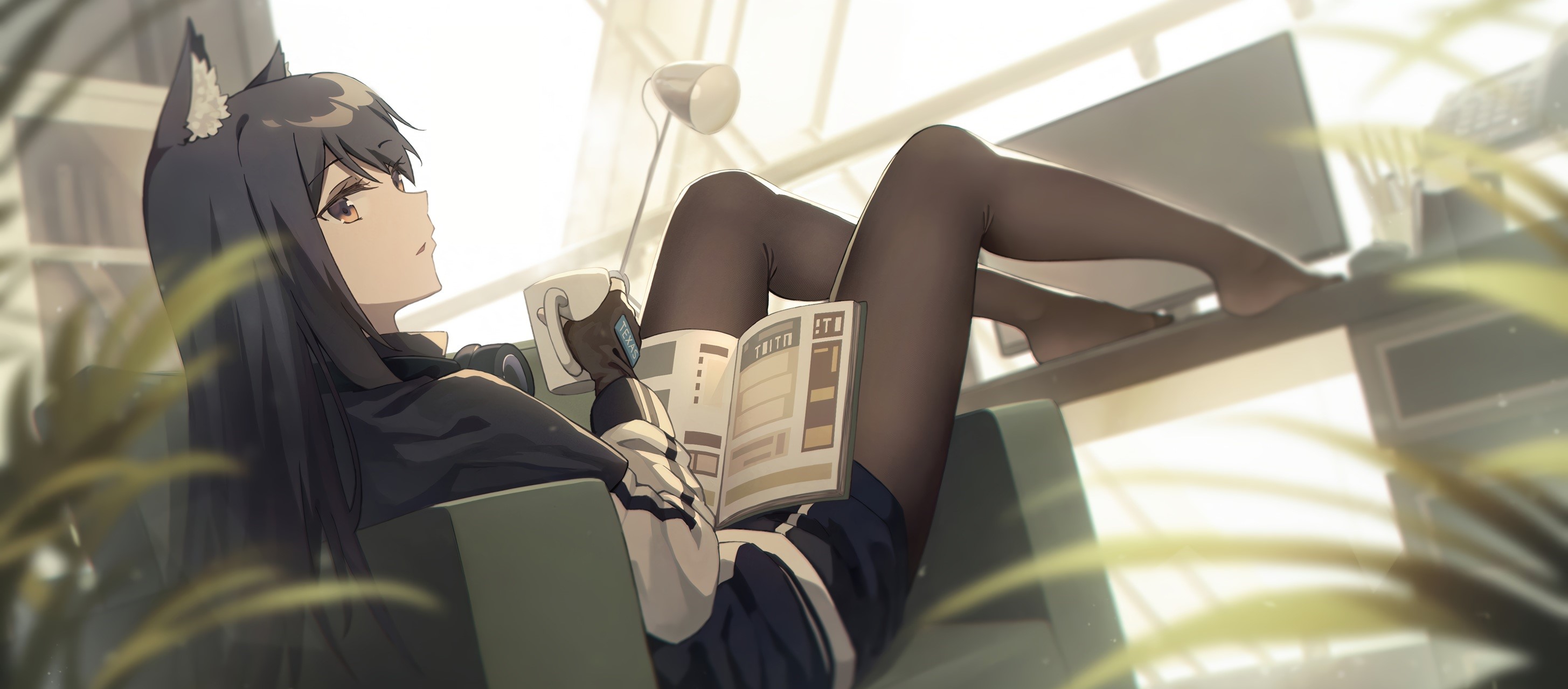 Texas from Arknights reading a book with a drink HD Wallpaper
