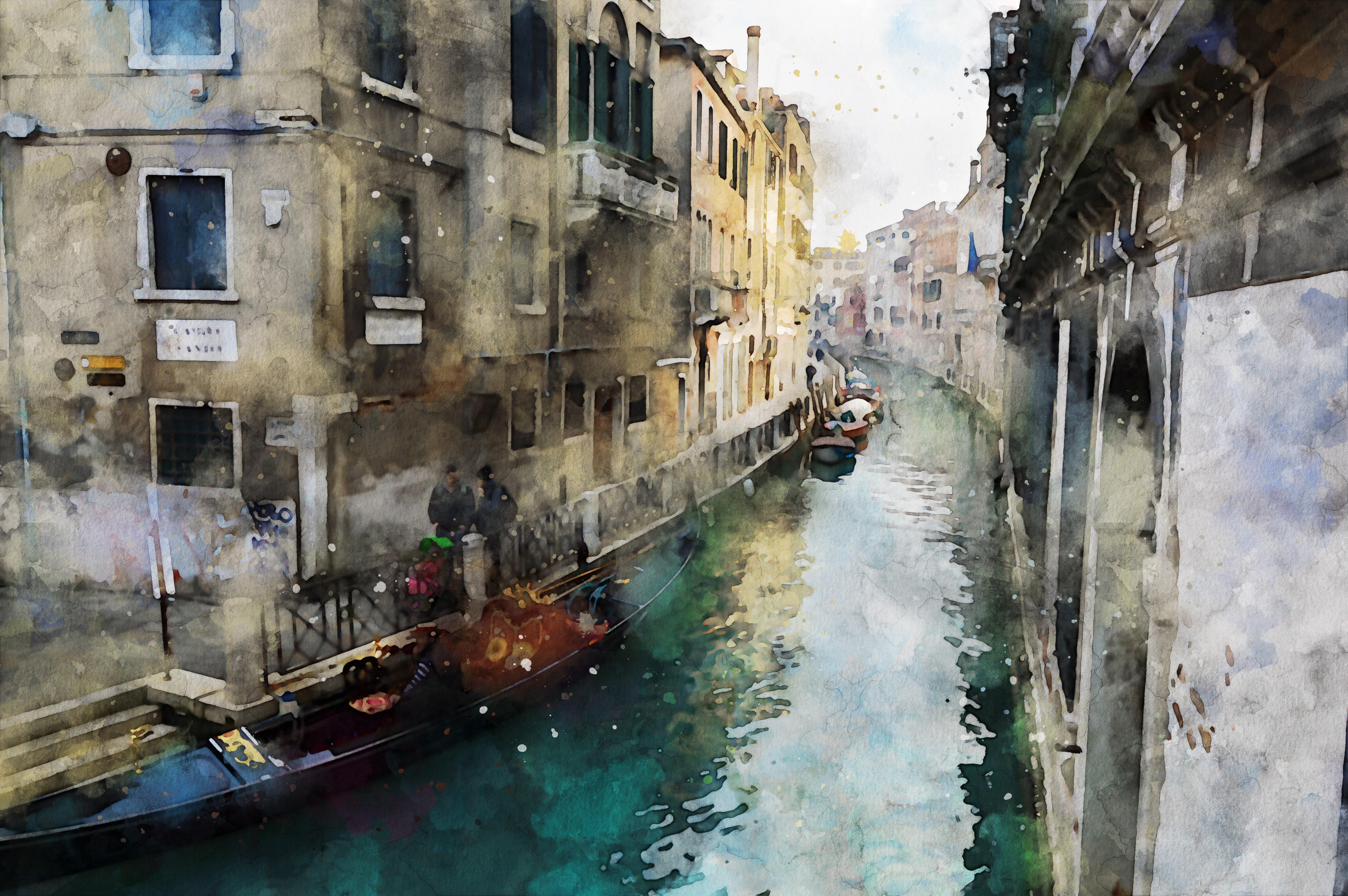 Venice canal with gondola and buildings, watercolor artwork HD Wallpaper