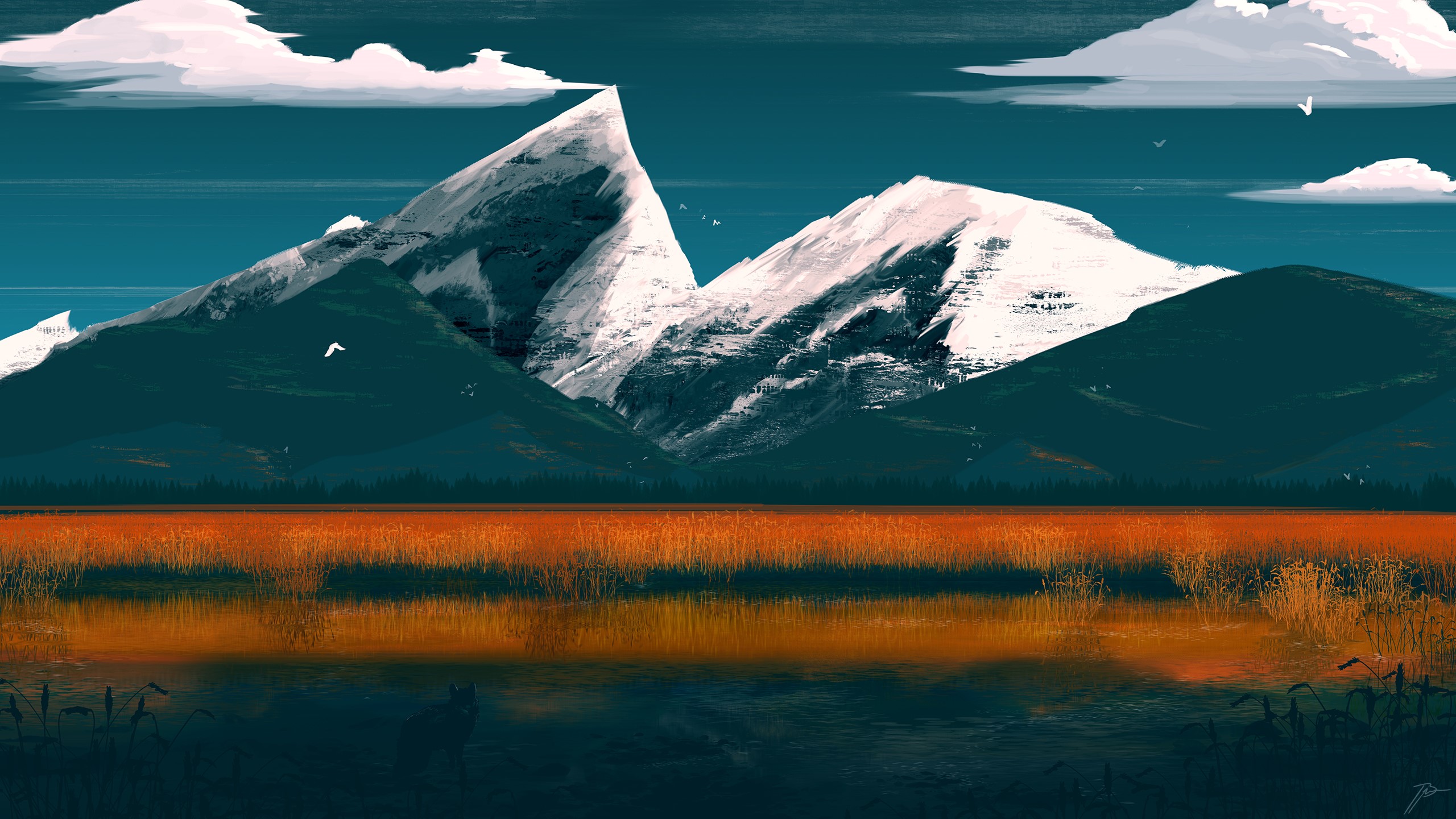 Digital art landscape of snow-capped mountains and a field HD Wallpaper
