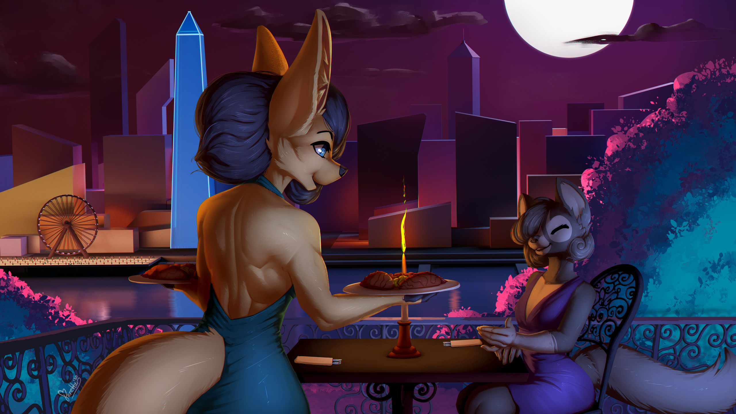 Furry couple dining on a balcony at night HD Wallpaper
