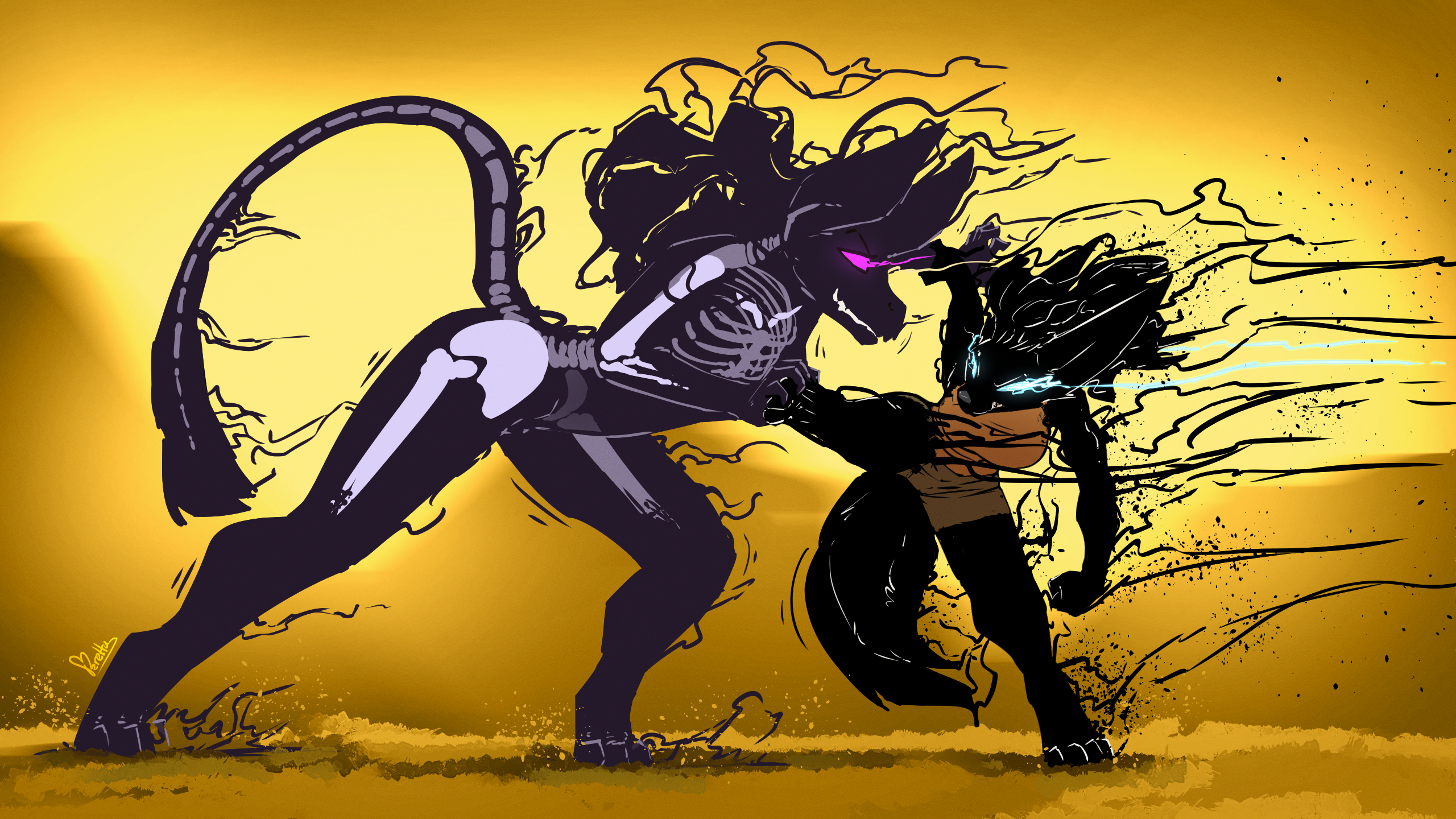 Two anthropomorphic creatures fighting with skeletal features HD Wallpaper