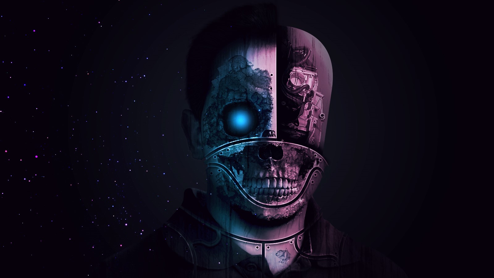Half human, half skull, half robot face HD Wallpaper