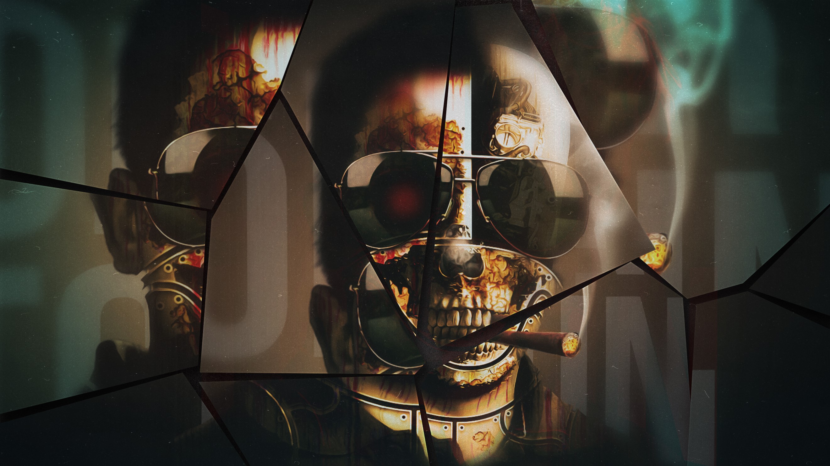 Cracked image of a skull wearing sunglasses and smoking a cigar HD Wallpaper