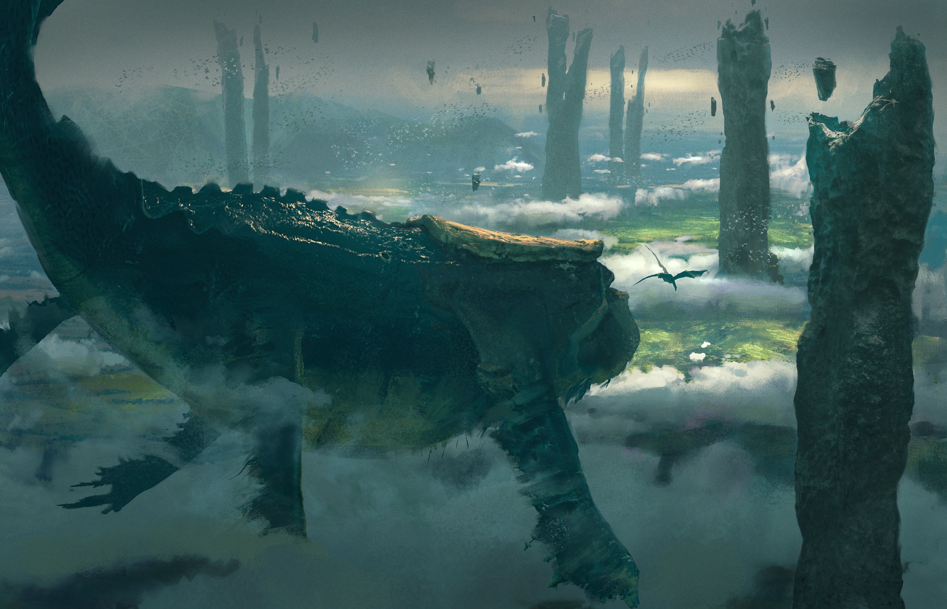 Sky Whale and Dragon in Fantasy Landscape HD Wallpaper