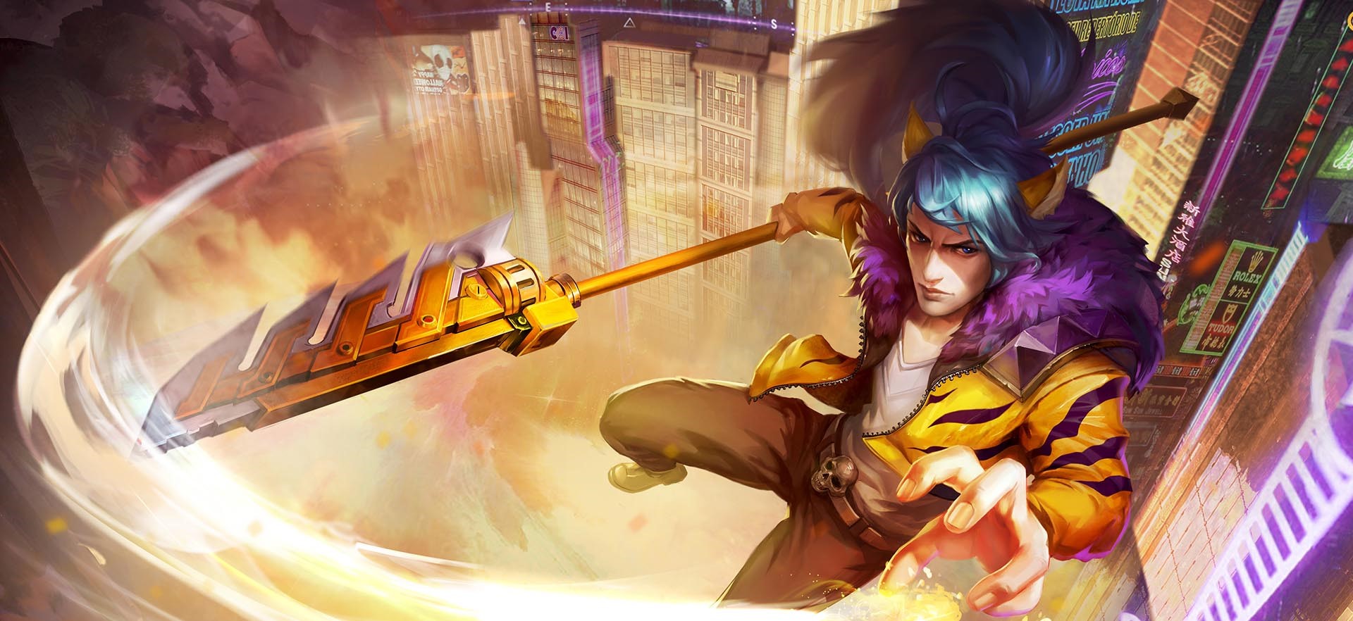 Anime warrior with blue hair and tiger jacket wielding a golden weapon HD Wallpaper