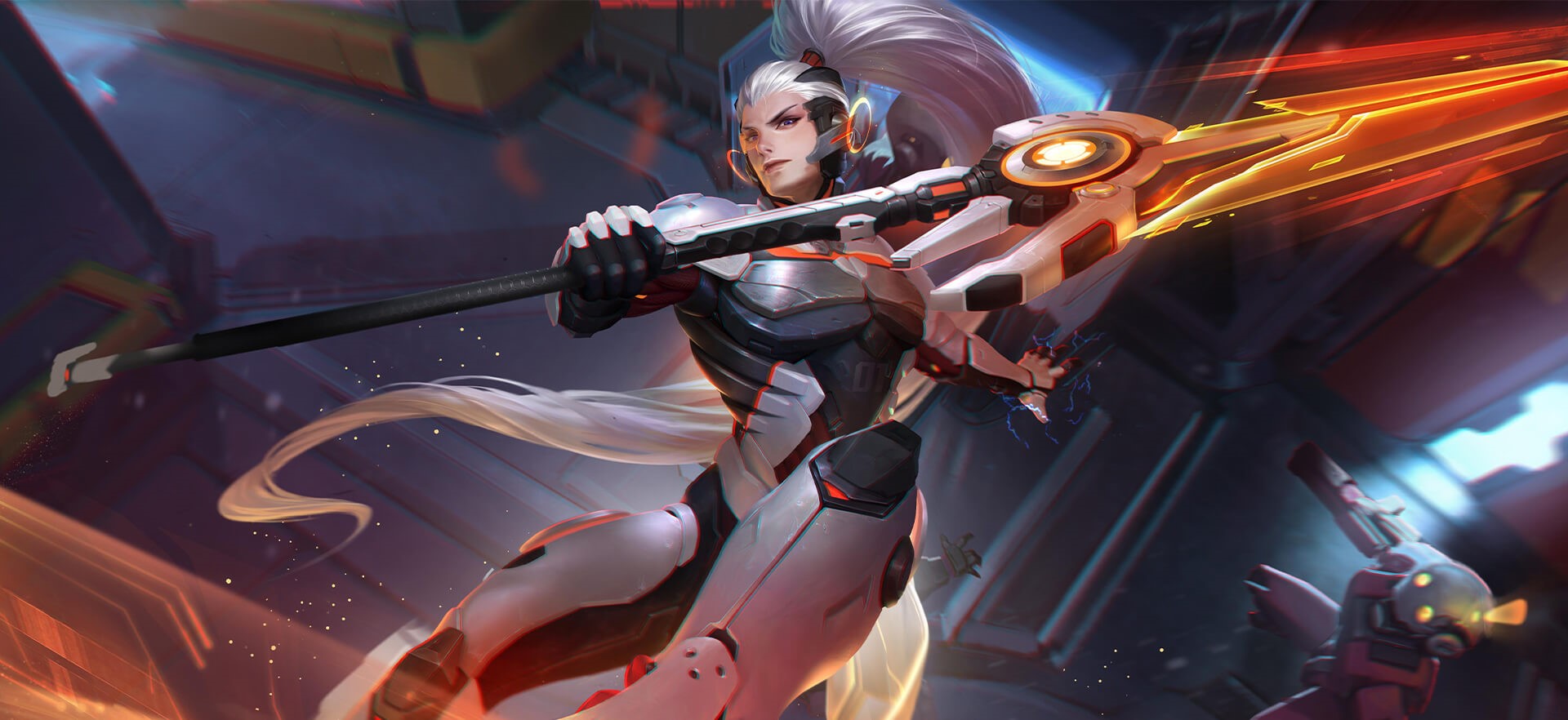 Anime warrior with futuristic spear in sci-fi setting HD Wallpaper