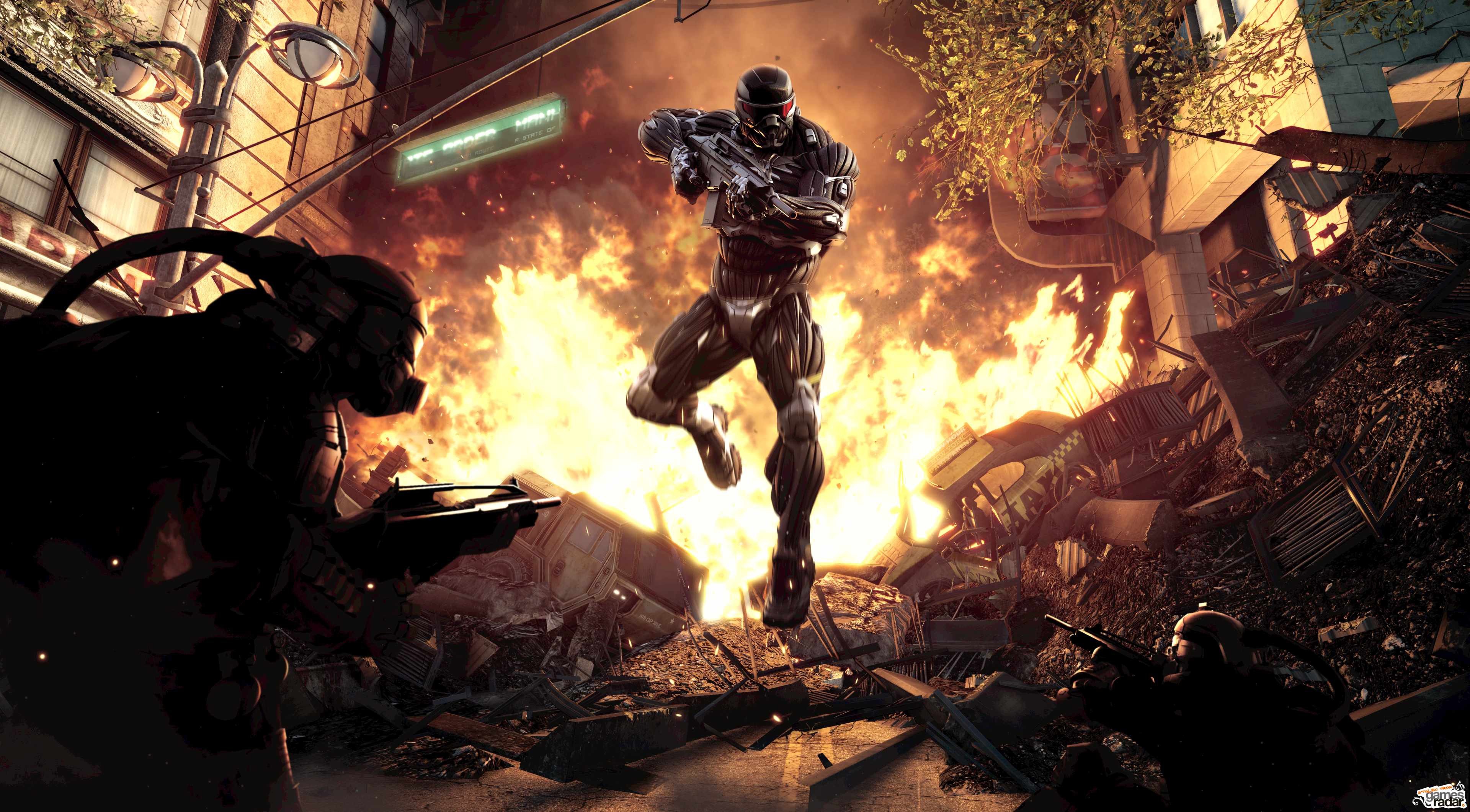 Soldier in Nanosuit from Crysis 2 in an explosion HD Wallpaper