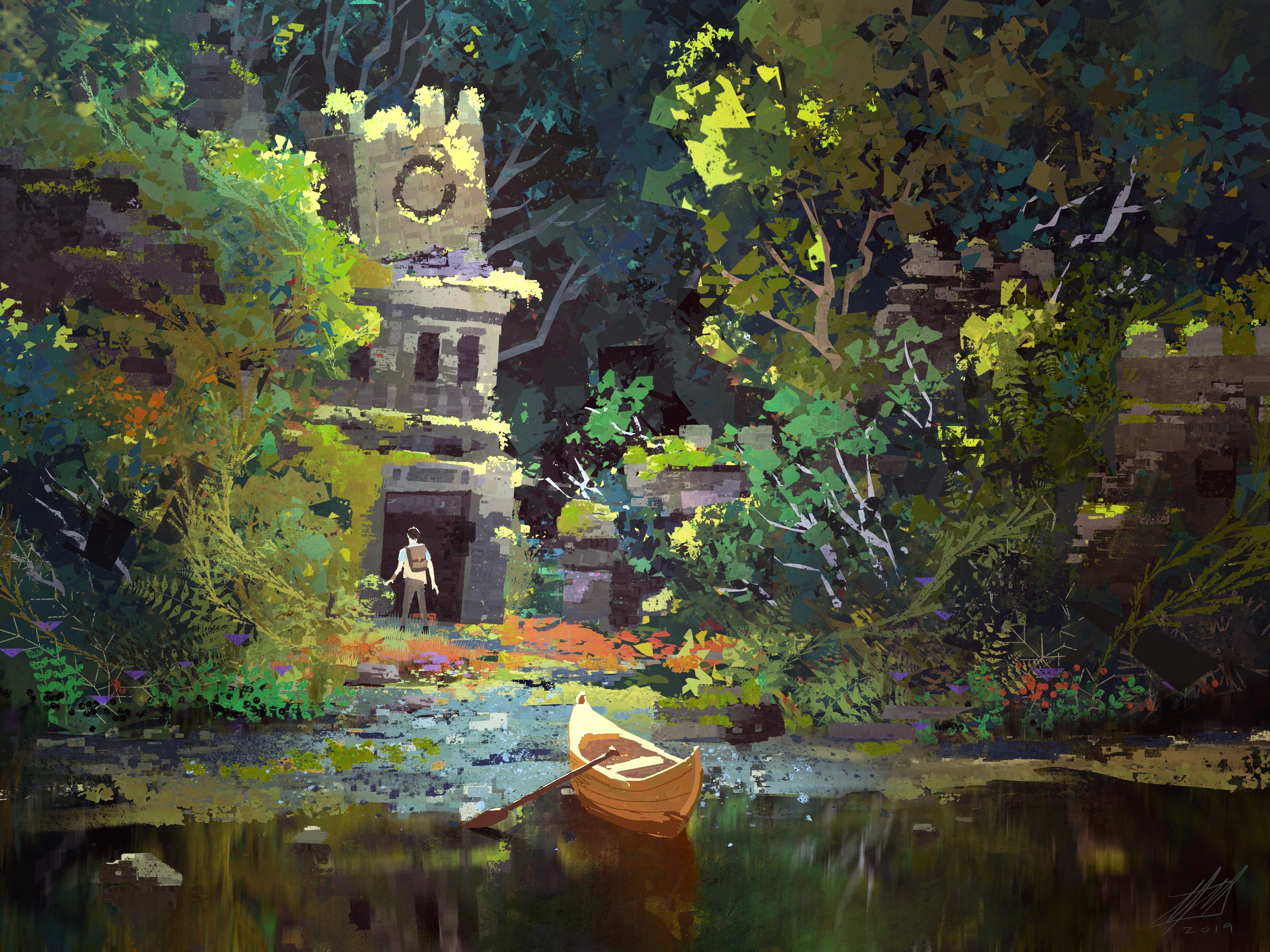 Man by ancient ruins in a forest with a boat HD Wallpaper