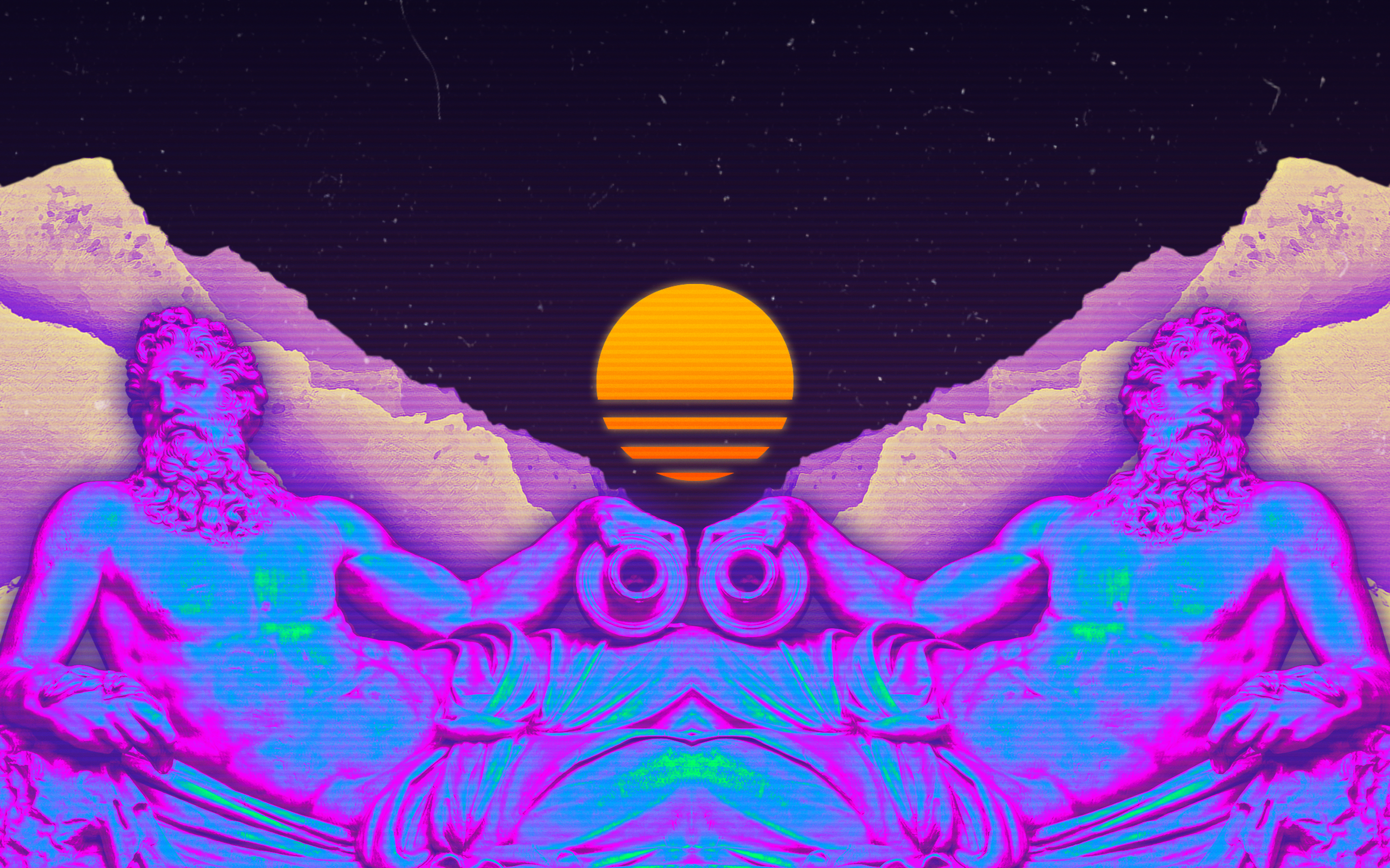 Symmetrical Statues and Sunset in Vaporwave Style HD Wallpaper