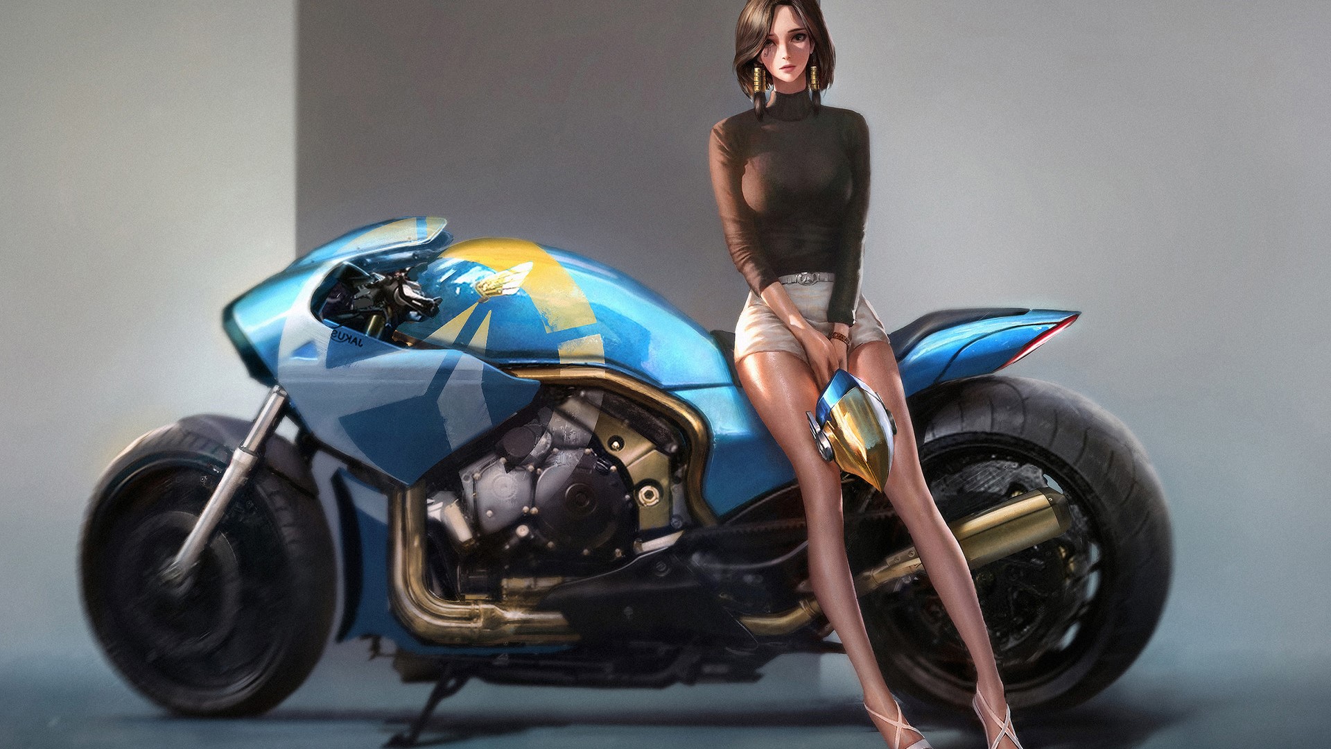 Woman with motorcycle and helmet HD Wallpaper