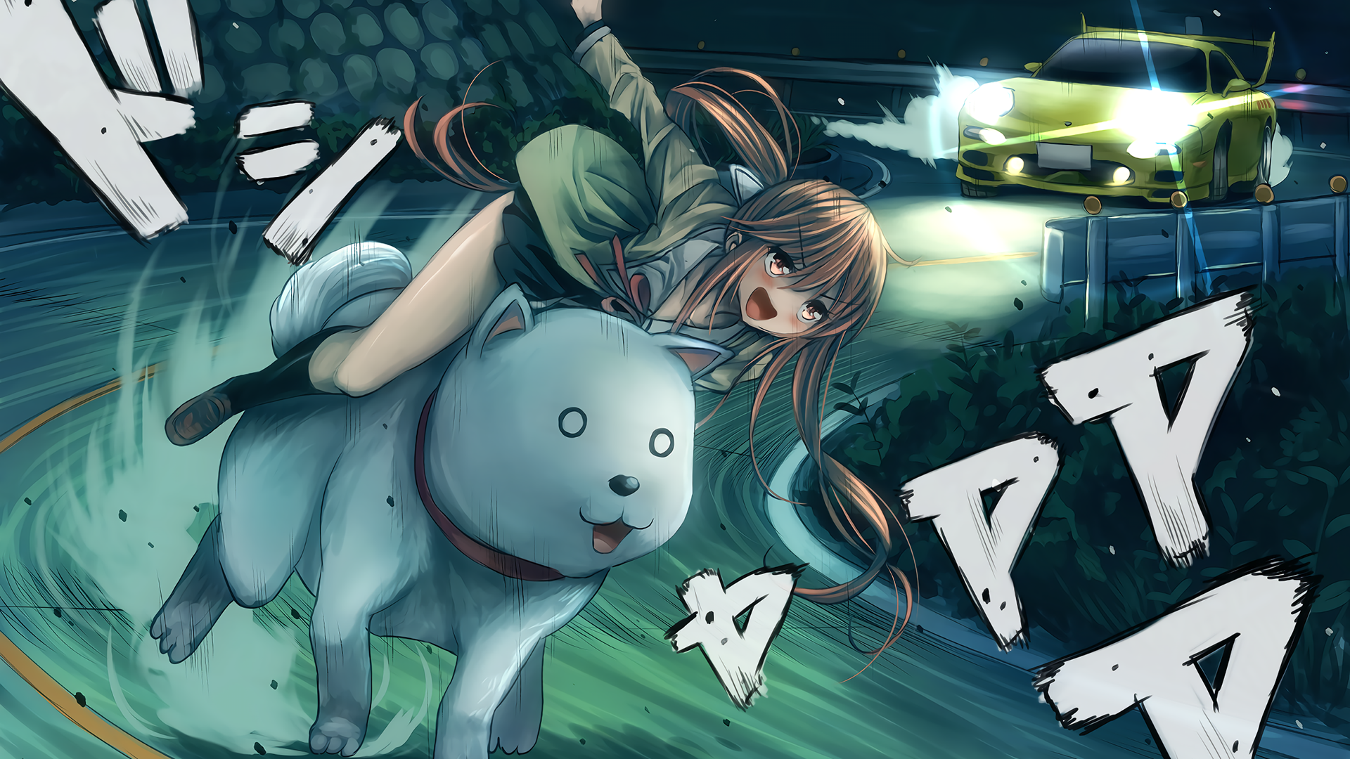 Girl riding a dog with a Mazda RX-7 FD drifting HD Wallpaper