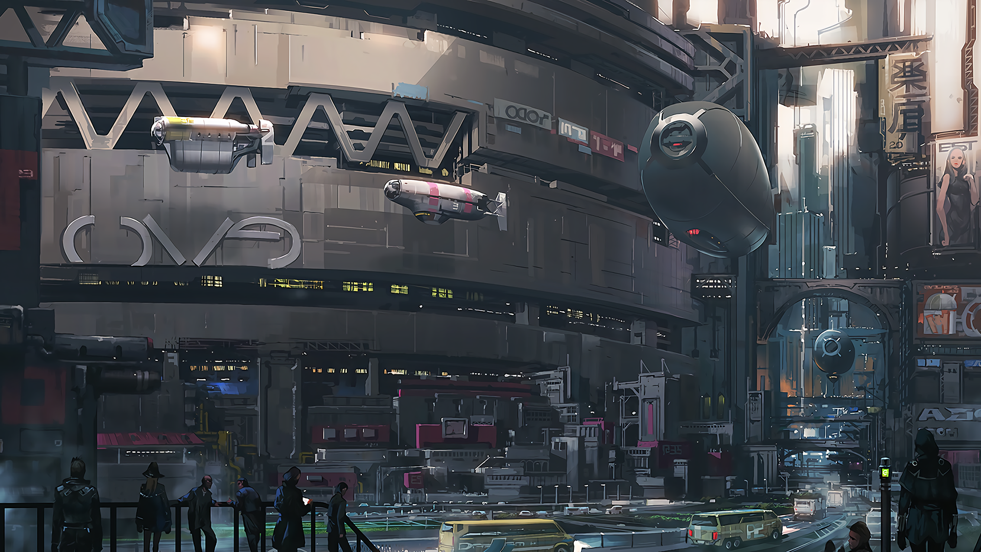 Futuristic city with airships and people HD Wallpaper