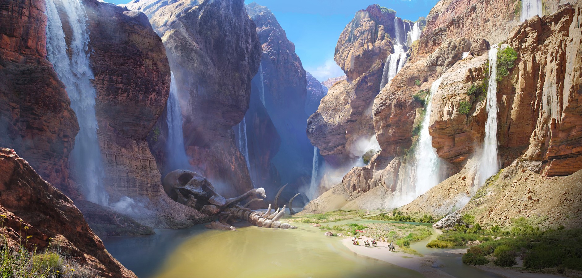 Giant fossilized skull and skeleton in a canyon with waterfalls HD Wallpaper