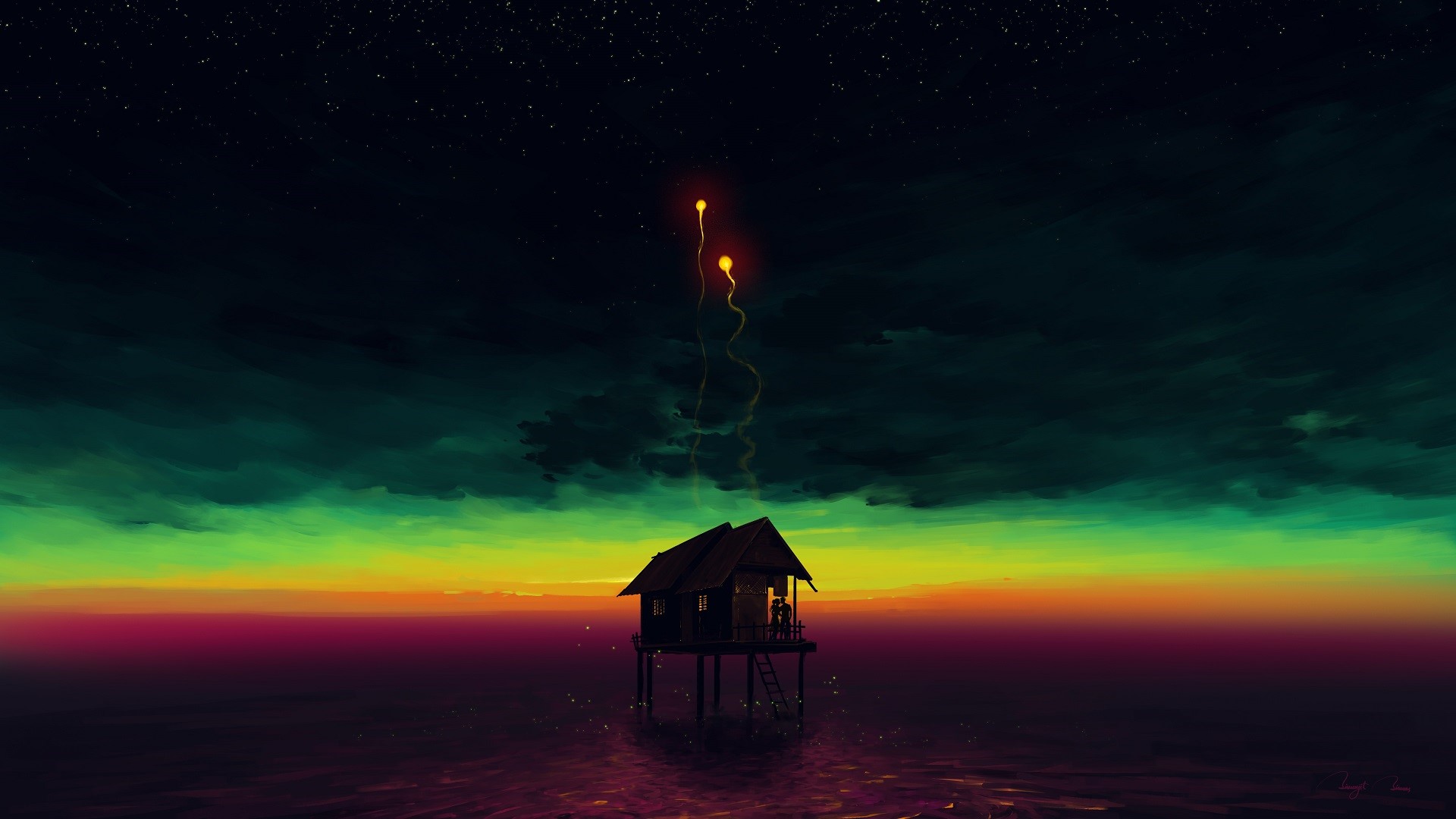 Couple in a house with flares over the sea at sunset HD Wallpaper