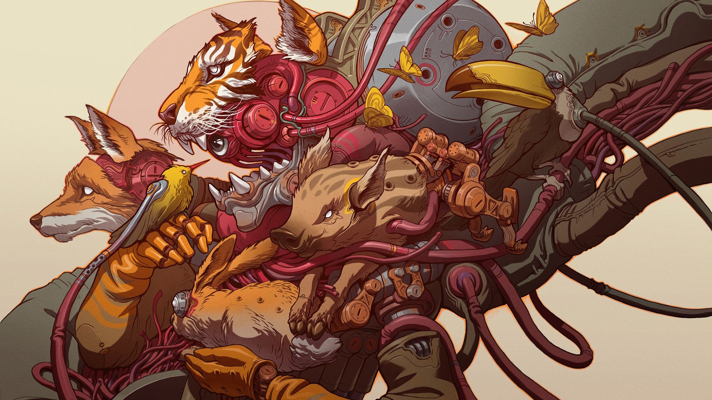 Cyborg animals illustration by Robbie Trevino HD Wallpaper