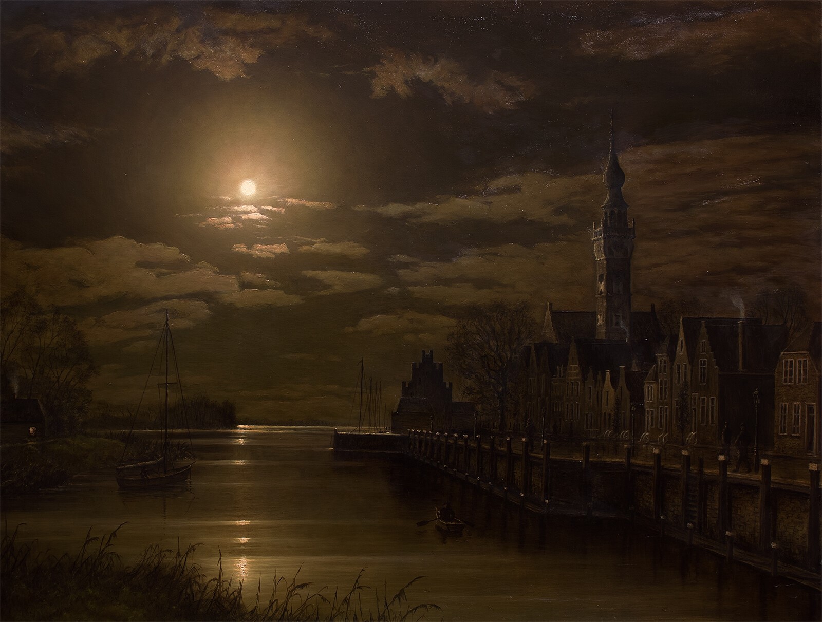 Moonlit canal with boats and buildings HD Wallpaper