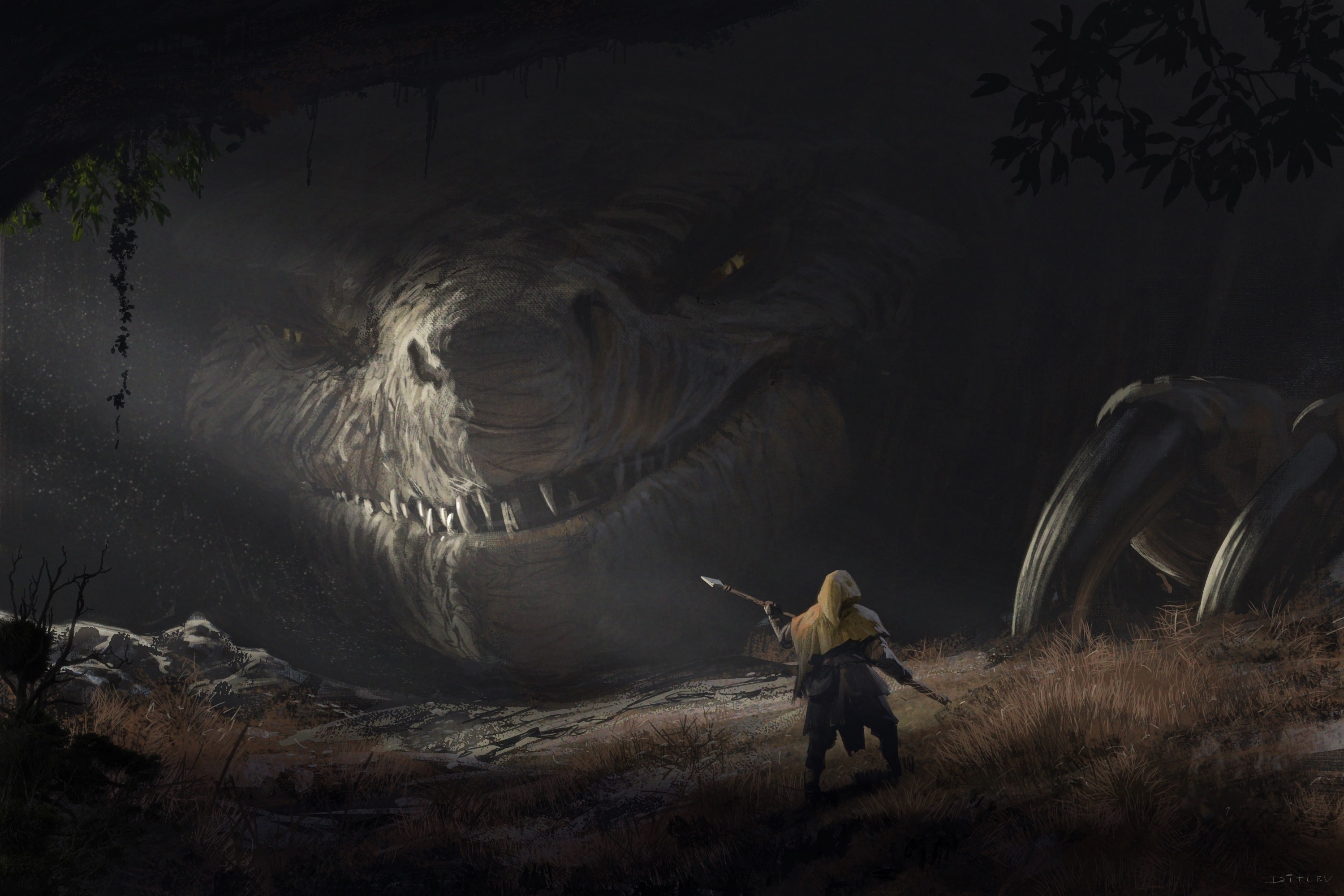 Artwork of a hunter facing a giant dragon HD Wallpaper