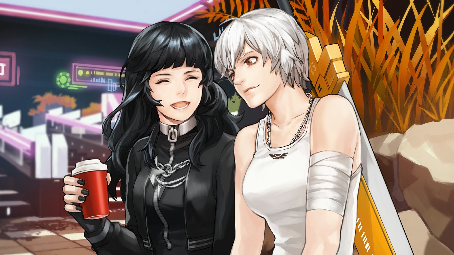 Two women with coffee in a futuristic city HD Wallpaper