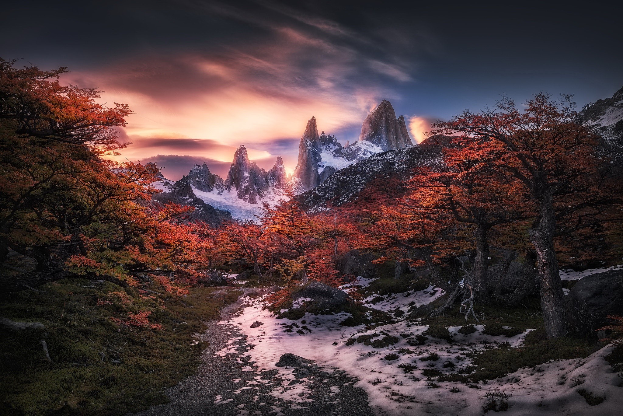 Sunset over mountains with autumn trees and snow HD Wallpaper