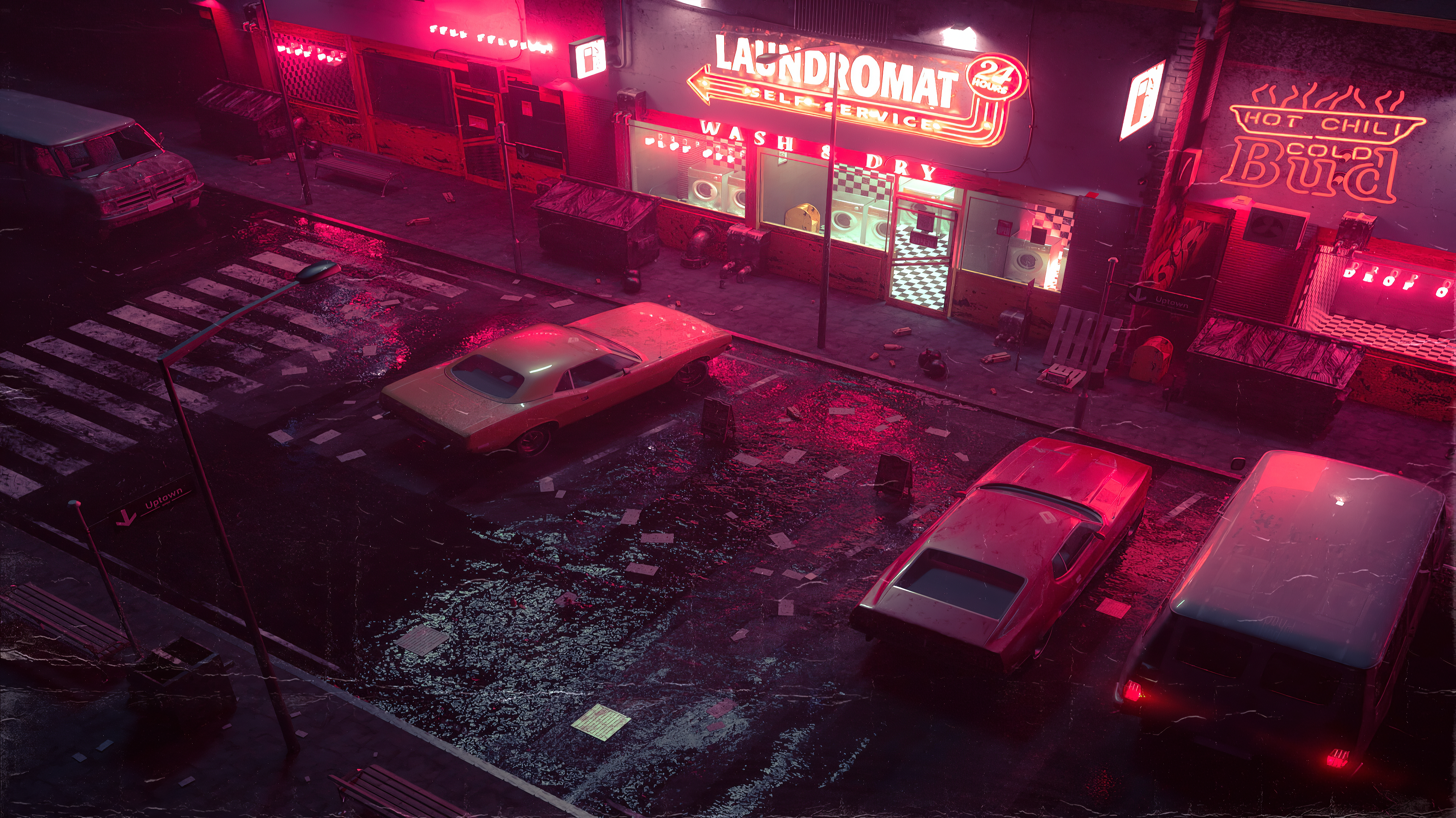 Neon Laundromat and Diner at Night HD Wallpaper