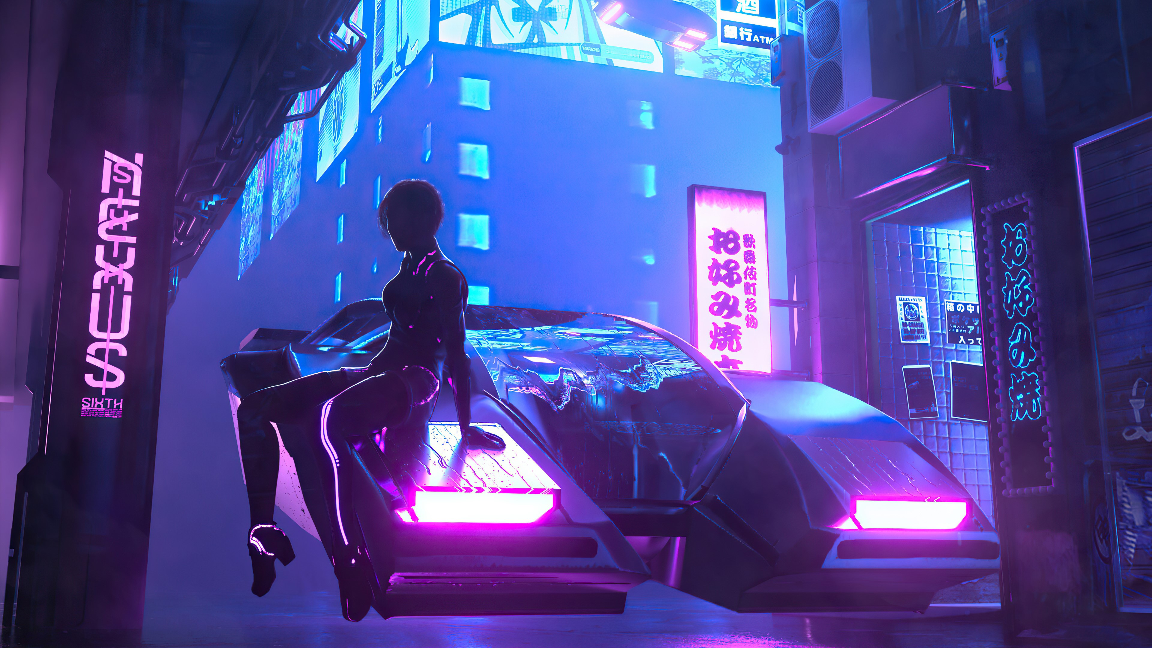 Cyberpunk woman sitting on a futuristic car in a neon city HD Wallpaper