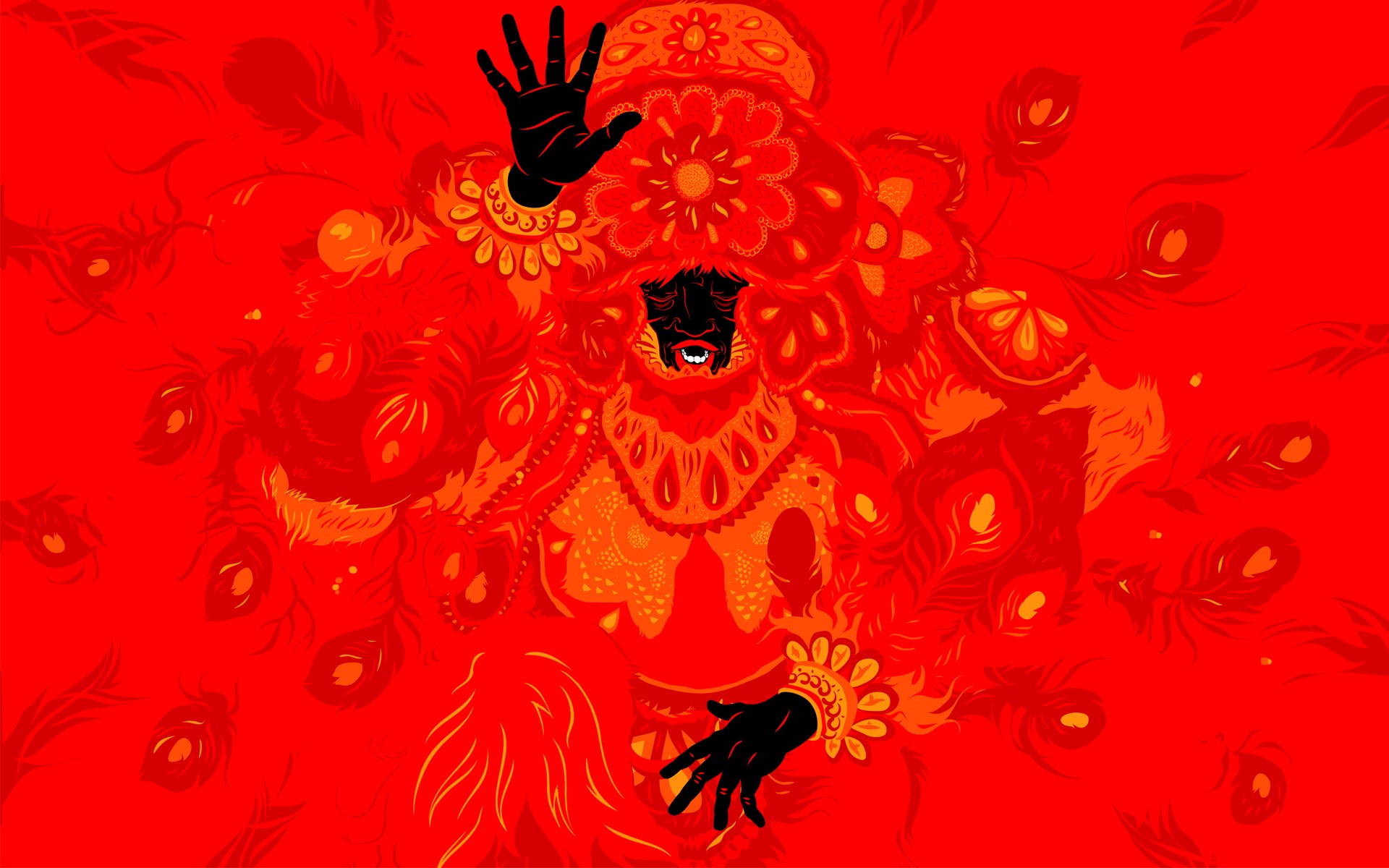 Illustration of a figure in red and orange attire with peacock feathers HD Wallpaper
