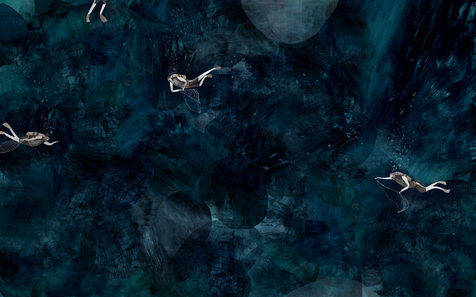 Illustration of divers in dark blue water HD Wallpaper