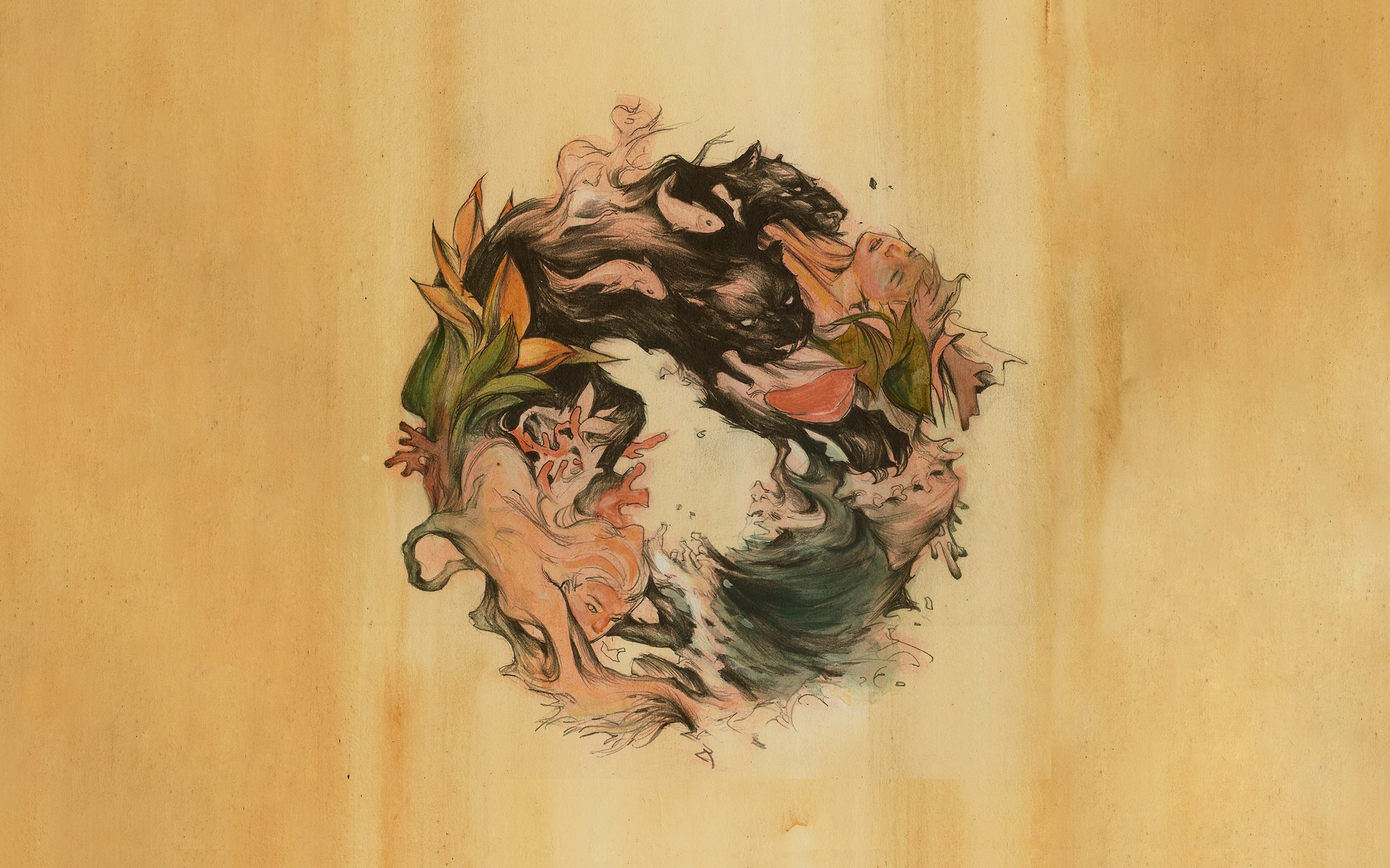 Abstract artwork of mythical creatures and figures HD Wallpaper