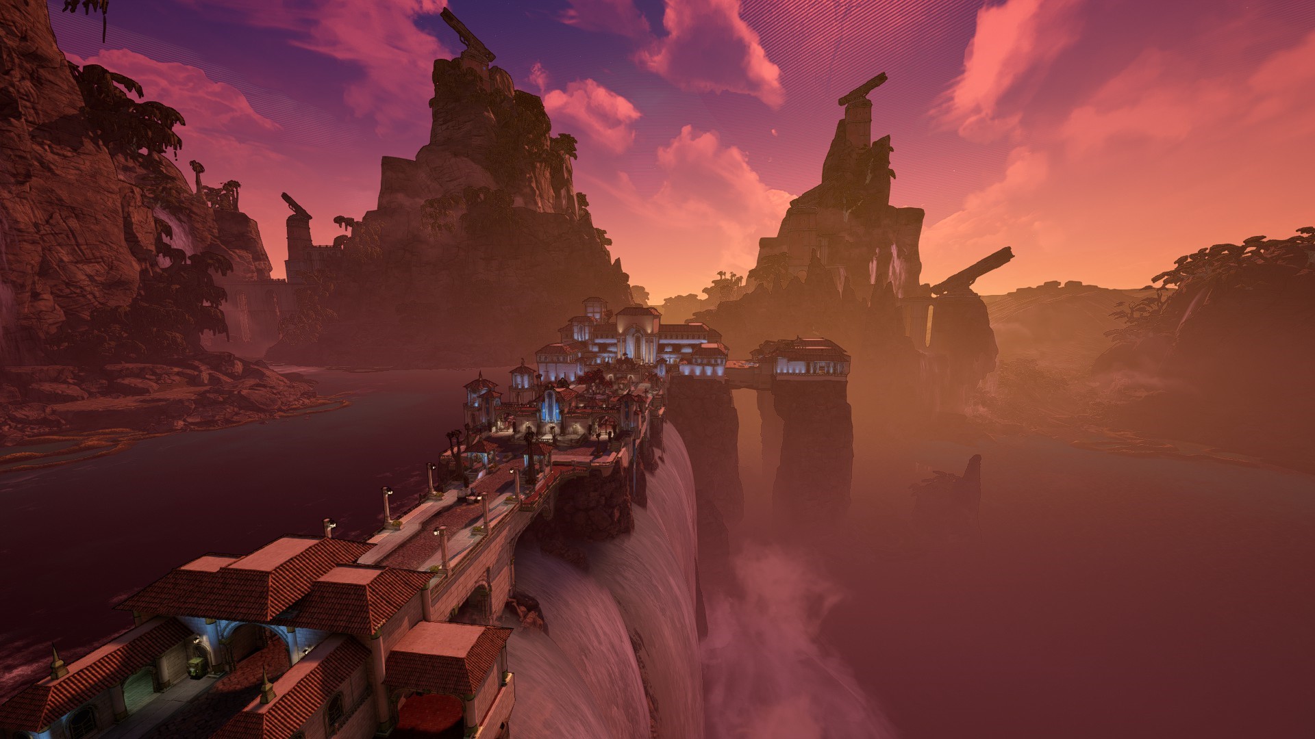 Borderlands 3 screenshot of a city on a cliff with waterfalls HD Wallpaper