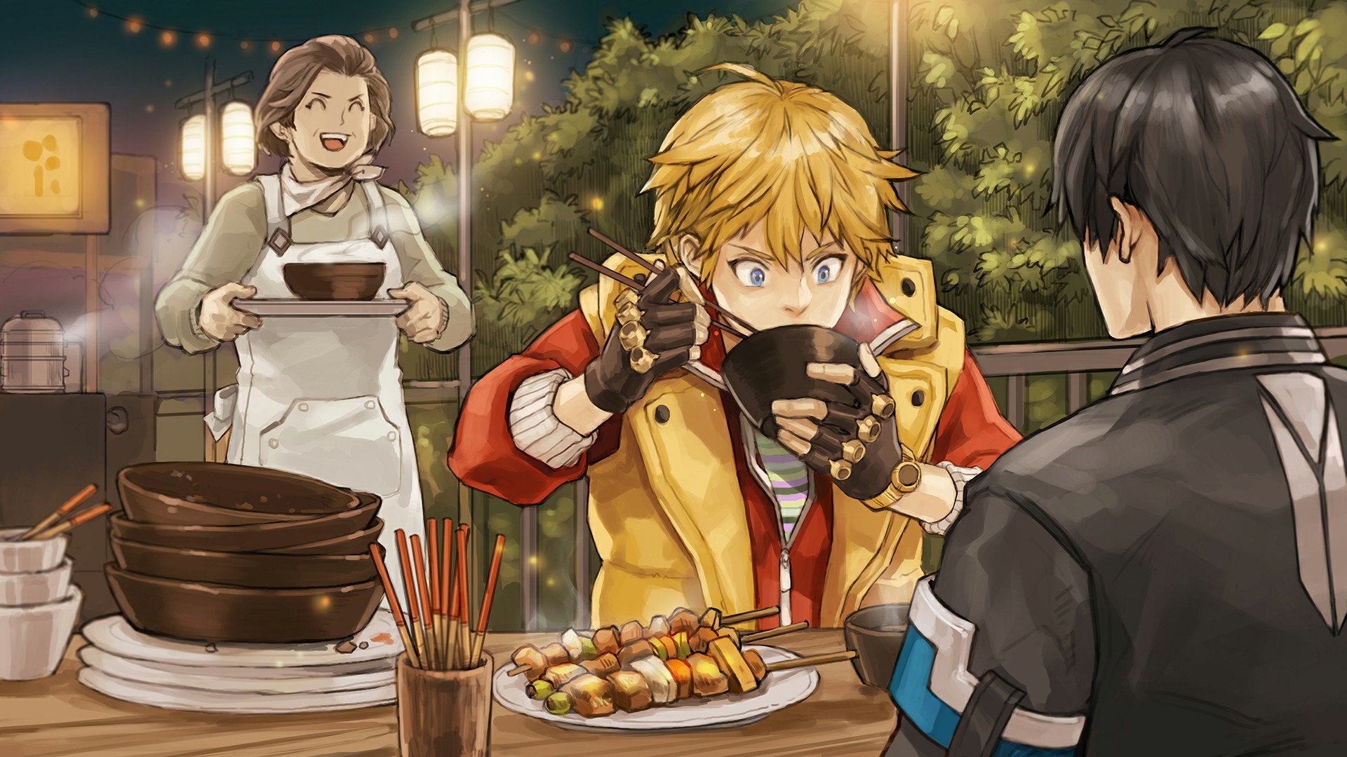 Characters eating at a Japanese food stall HD Wallpaper