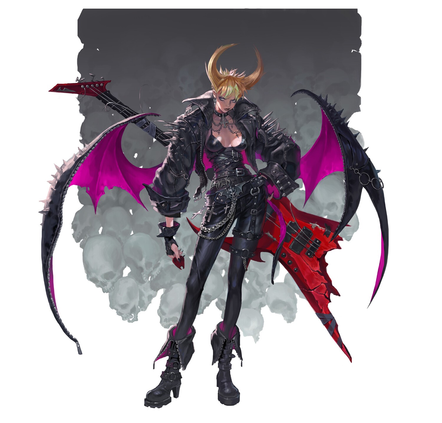 Succubus with horns and wings holding a guitar HD Wallpaper