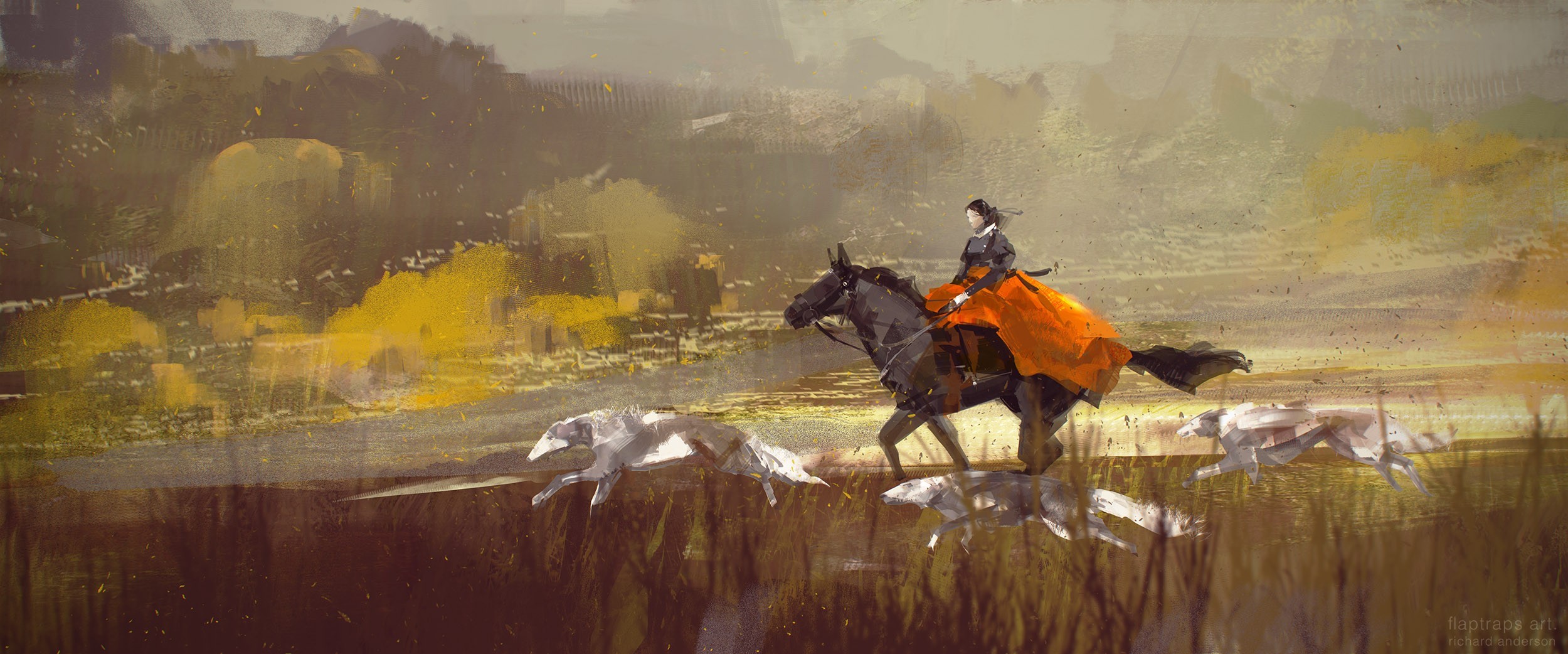 Fantasy art of a woman riding a horse with dogs HD Wallpaper