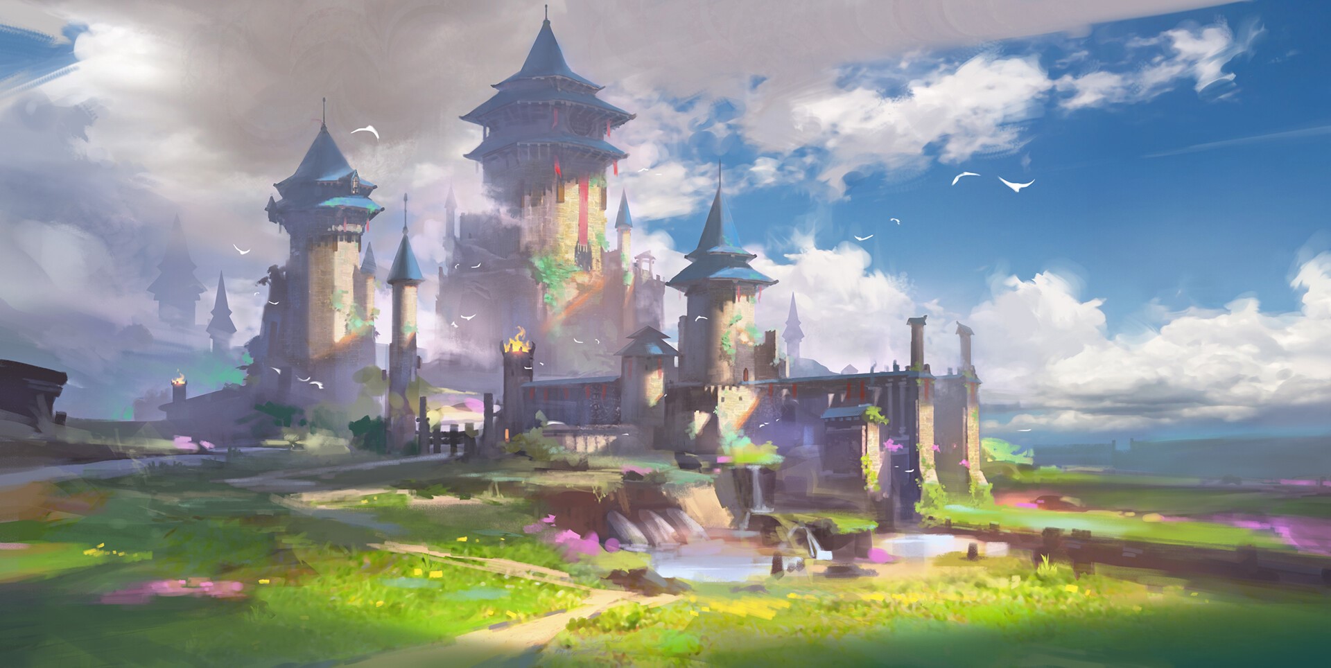 Fantasy castle artwork with colorful flowers and birds HD Wallpaper