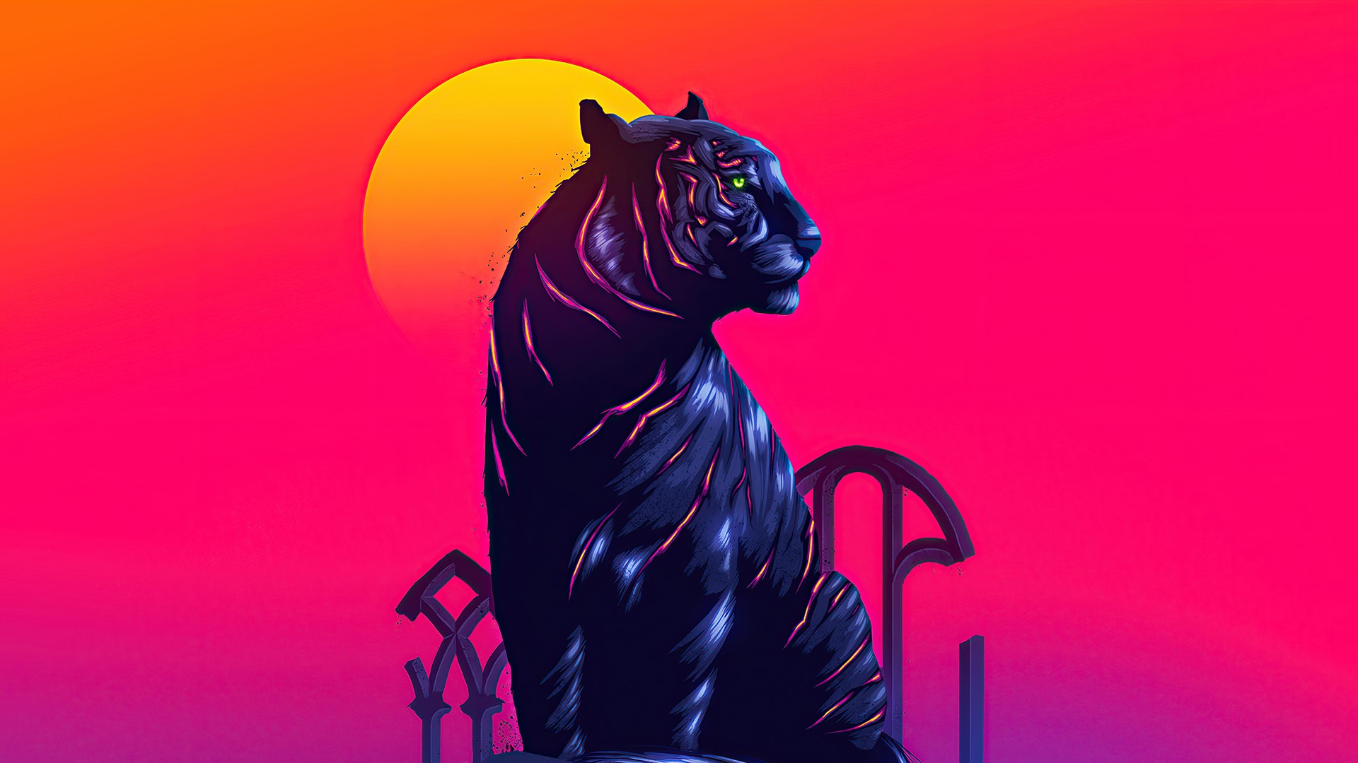 Digital art of a black tiger against a sunset HD Wallpaper