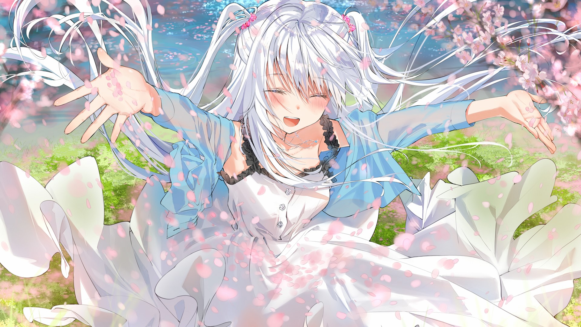 Anime girl with white hair and cherry blossoms HD Wallpaper