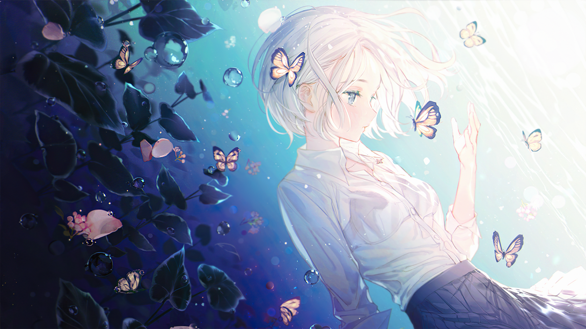 Anime girl with white hair and butterflies HD Wallpaper
