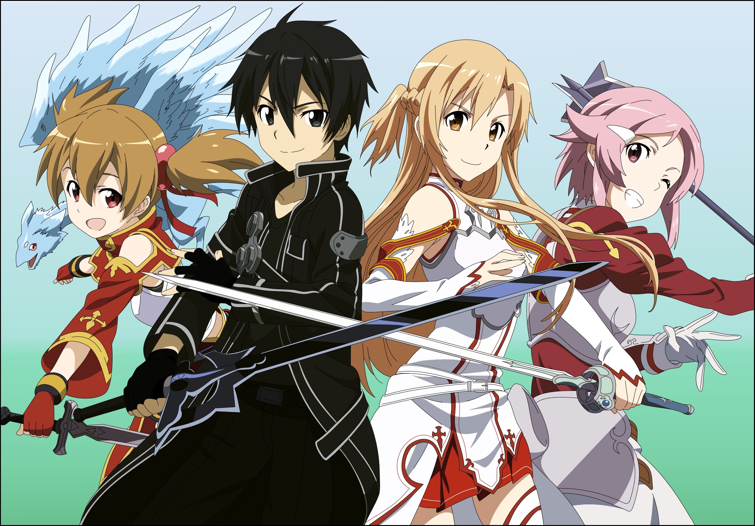 Sword Art Online characters Kirito, Asuna, Silica, and Lisbeth HD Wallpaper
