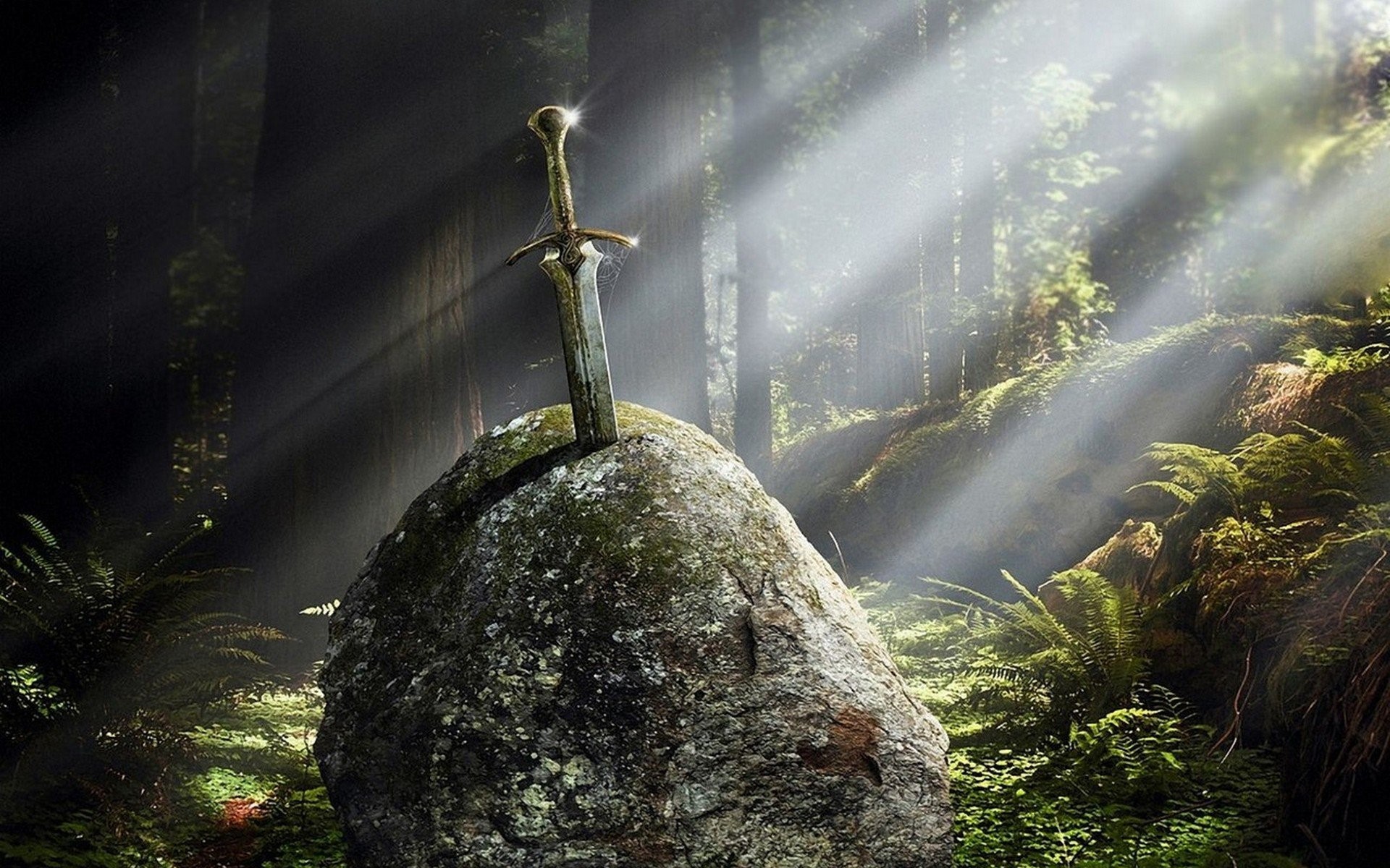 Sword in a stone in a sunlit forest HD Wallpaper