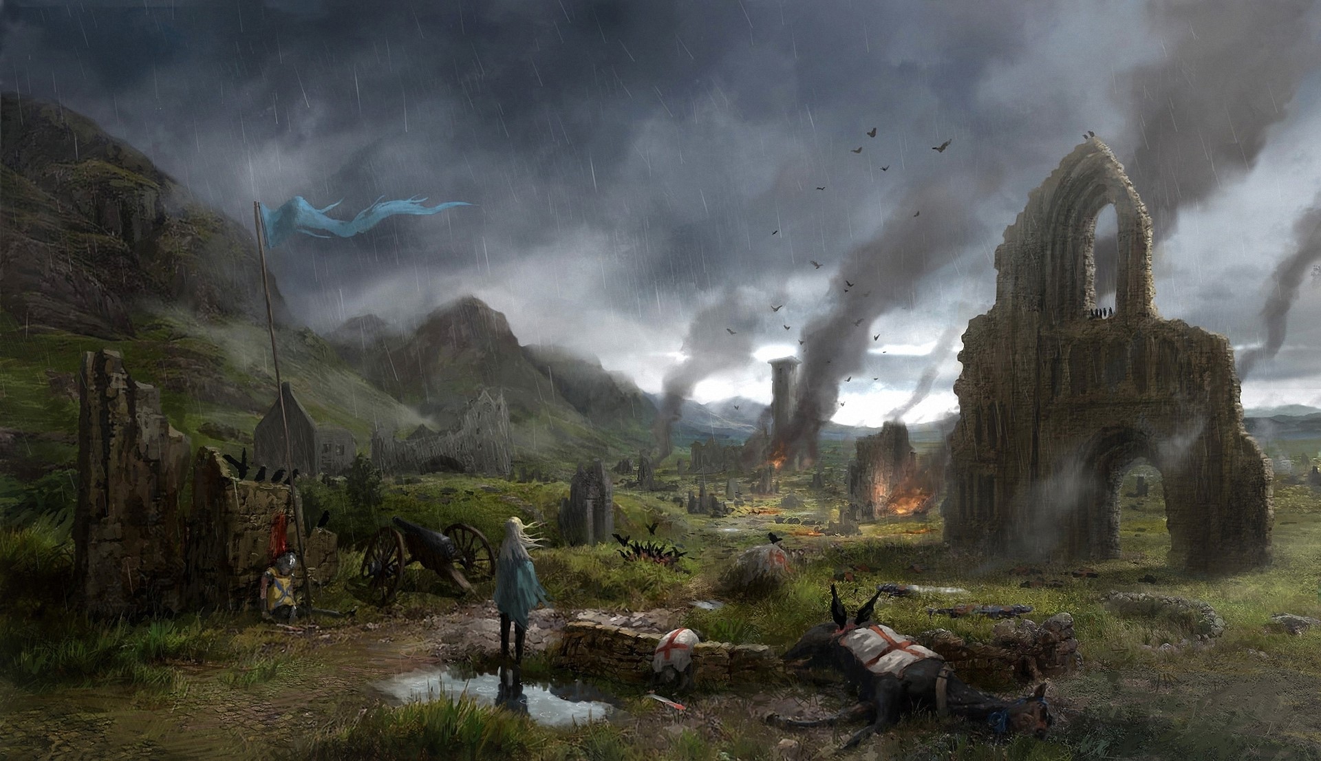 Fantasy battle scene with ruins and a lone figure HD Wallpaper