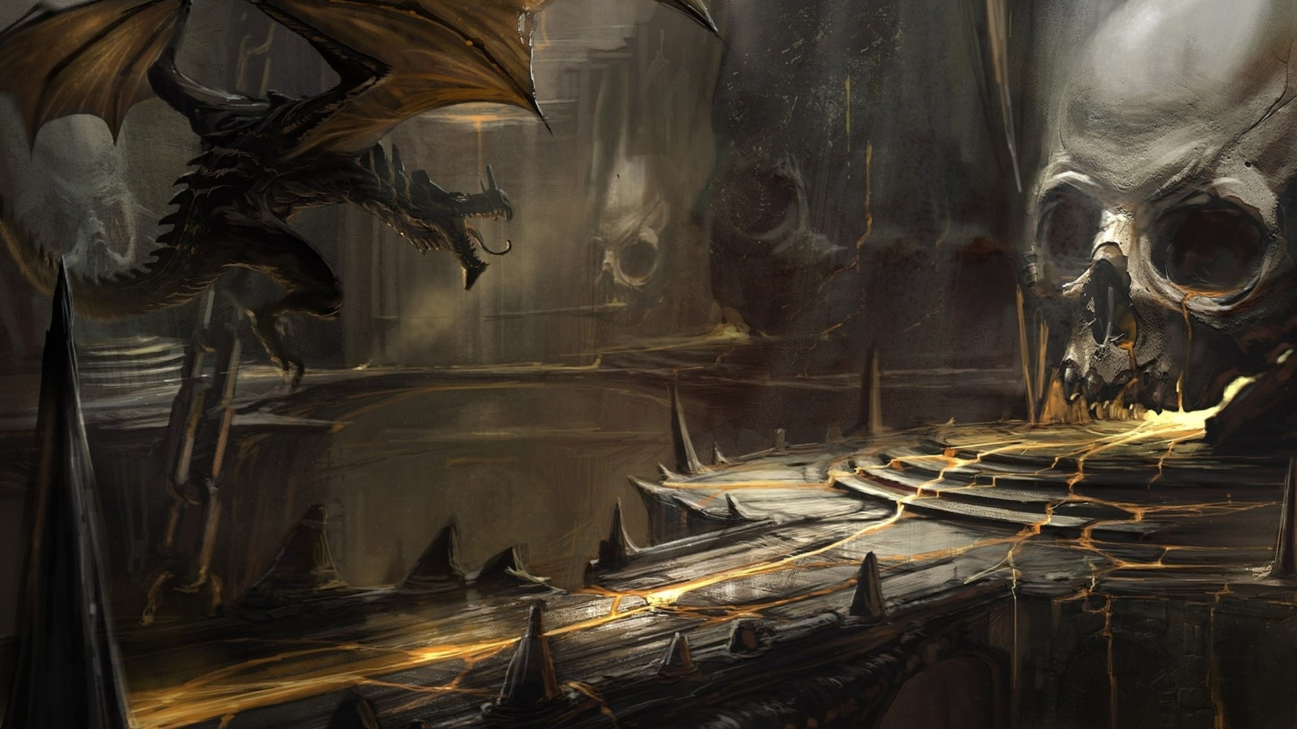 Dragon in a dark cavern with a giant skull HD Wallpaper