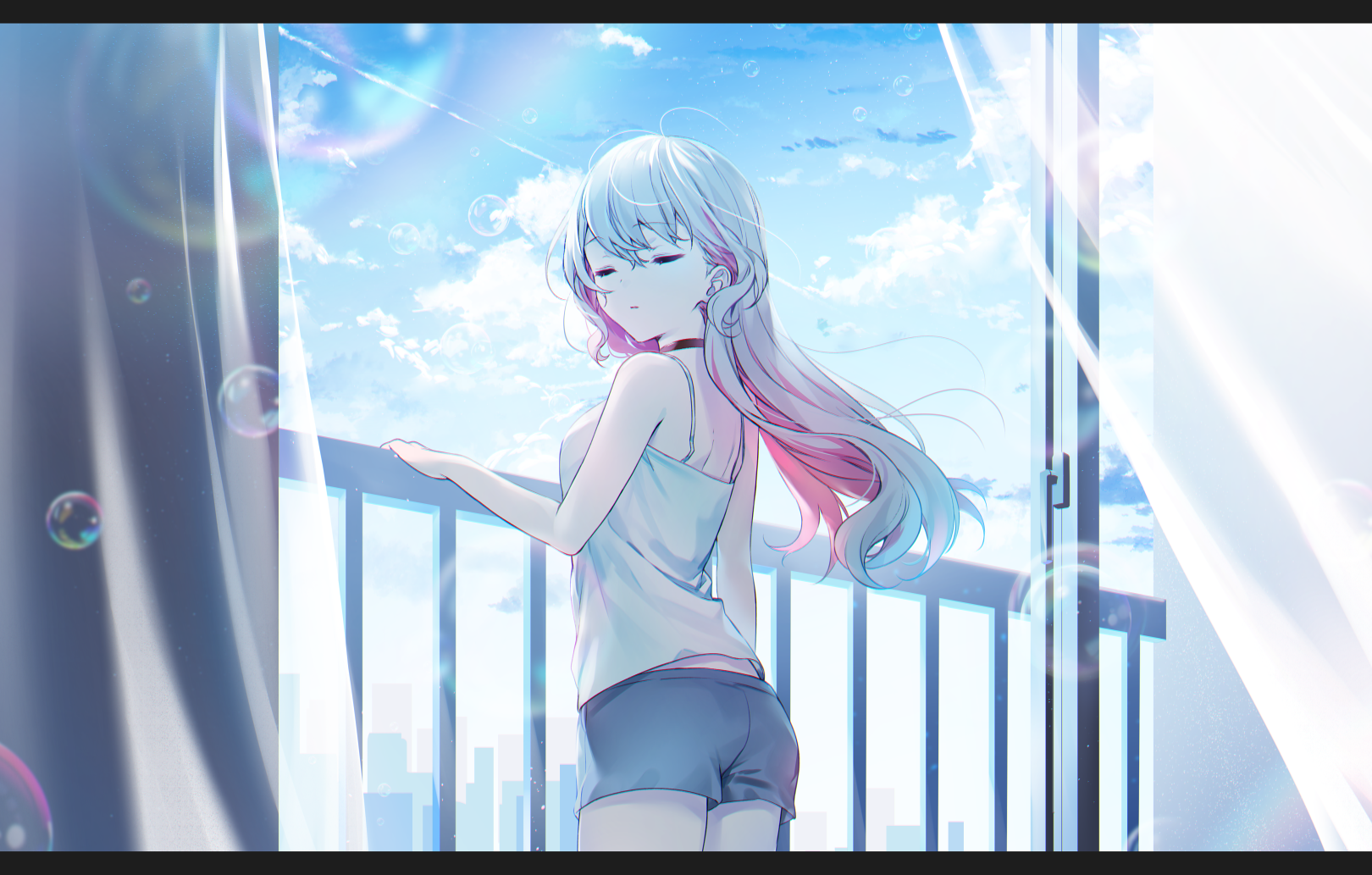 Anime girl with pink and white hair on a balcony HD Wallpaper